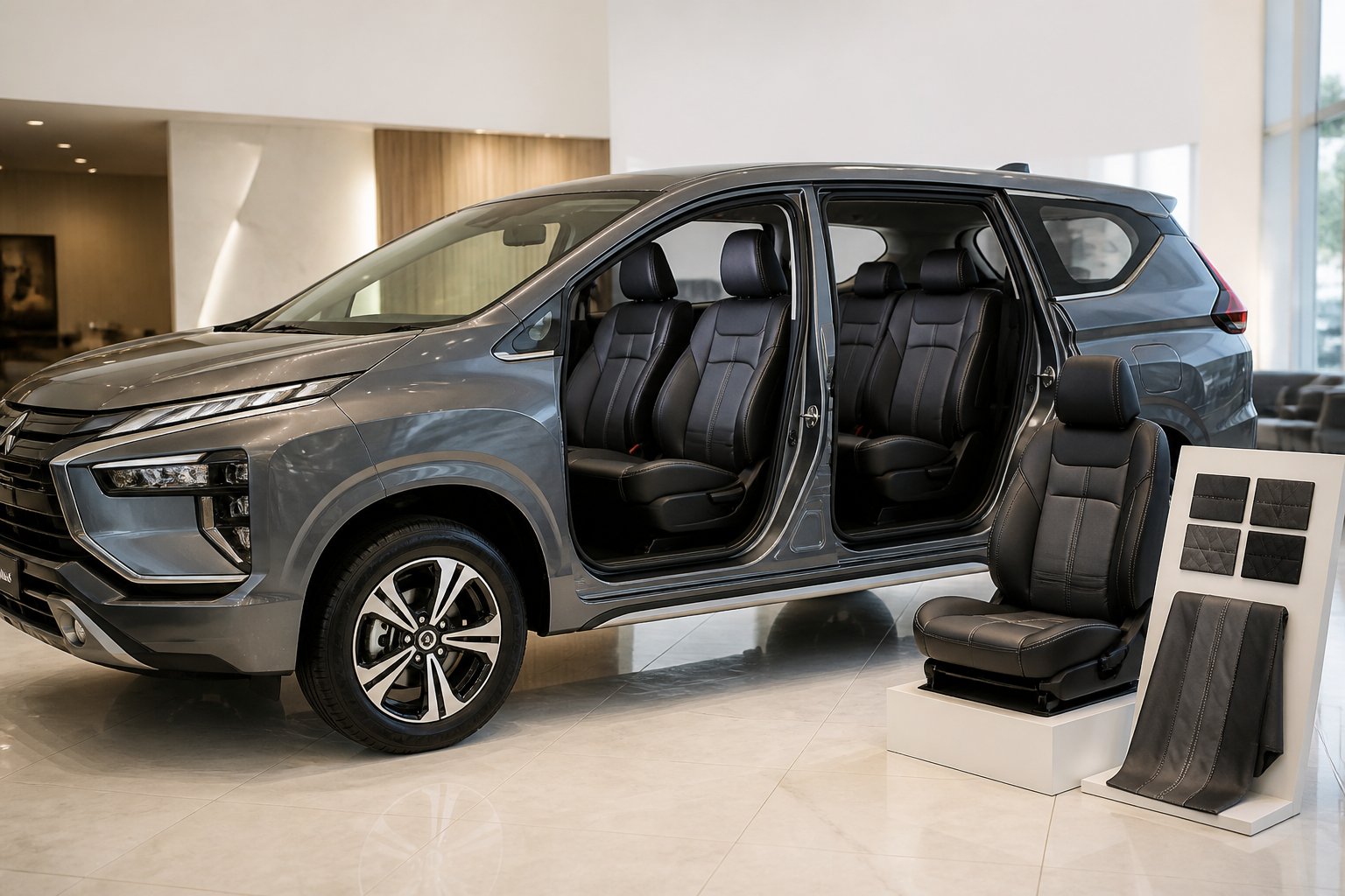 Mobil keluarga dengan sarung jok premium terpasang dan contoh bahan sarung jok di ruang pamer.