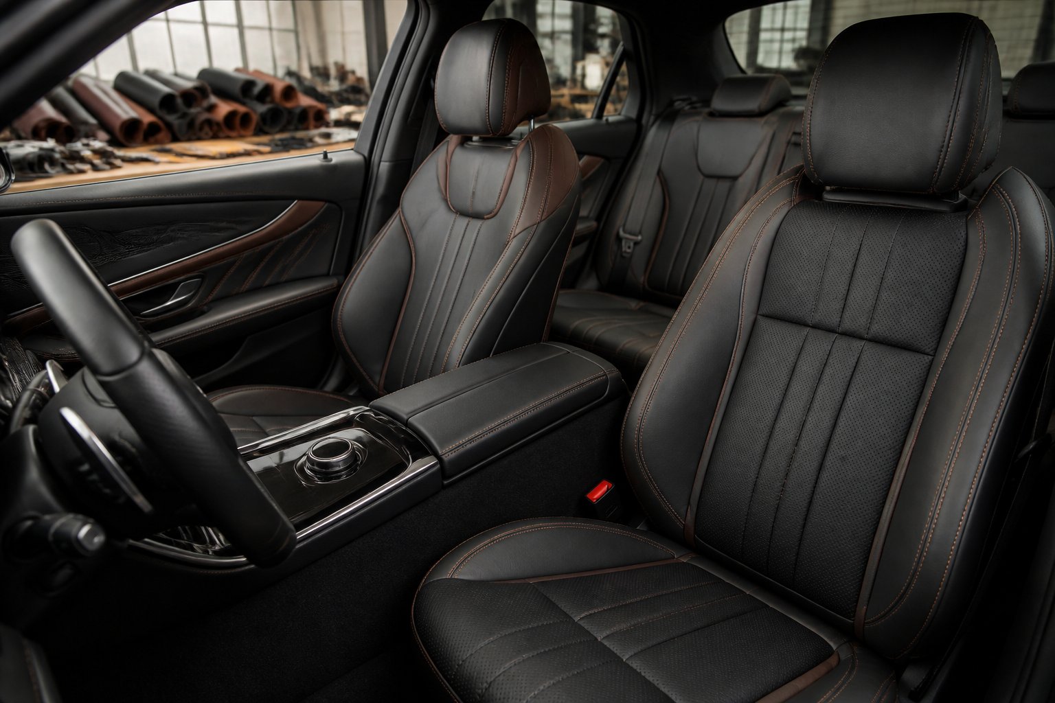 Interior mobil mewah dengan jok kulit premium dan cover jok yang dibuat rapi di ruang kerja profesional.