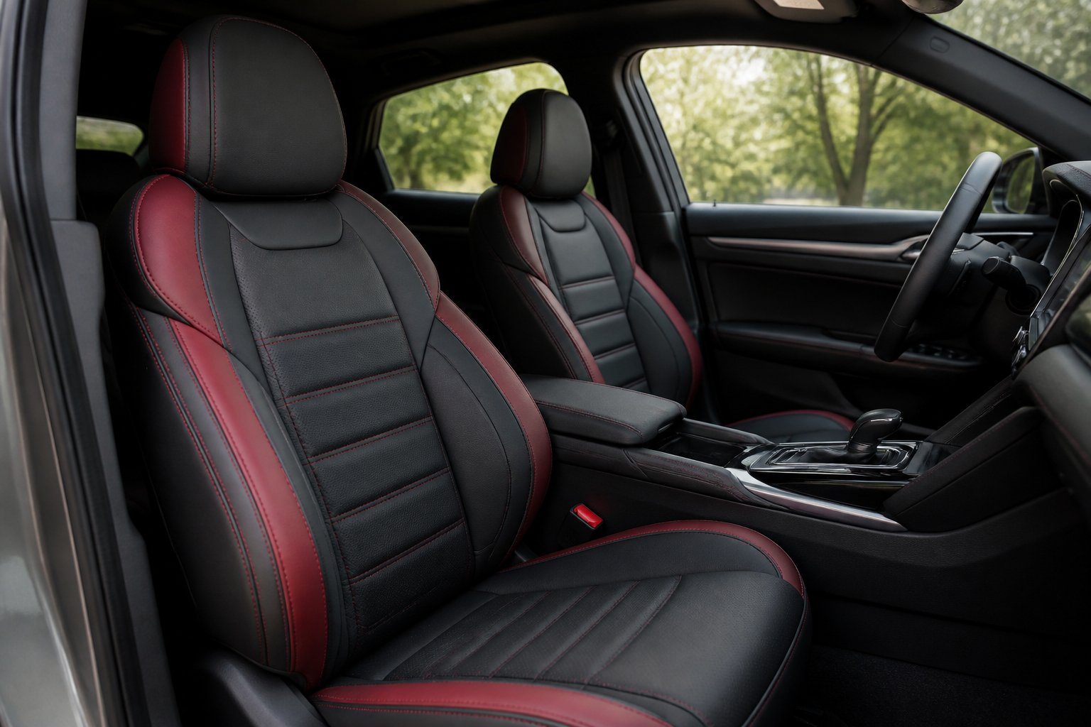 Interior mobil modern dengan cover jok ergonomis bermotif sporty dan bantalan tebal pada kursi pengemudi.