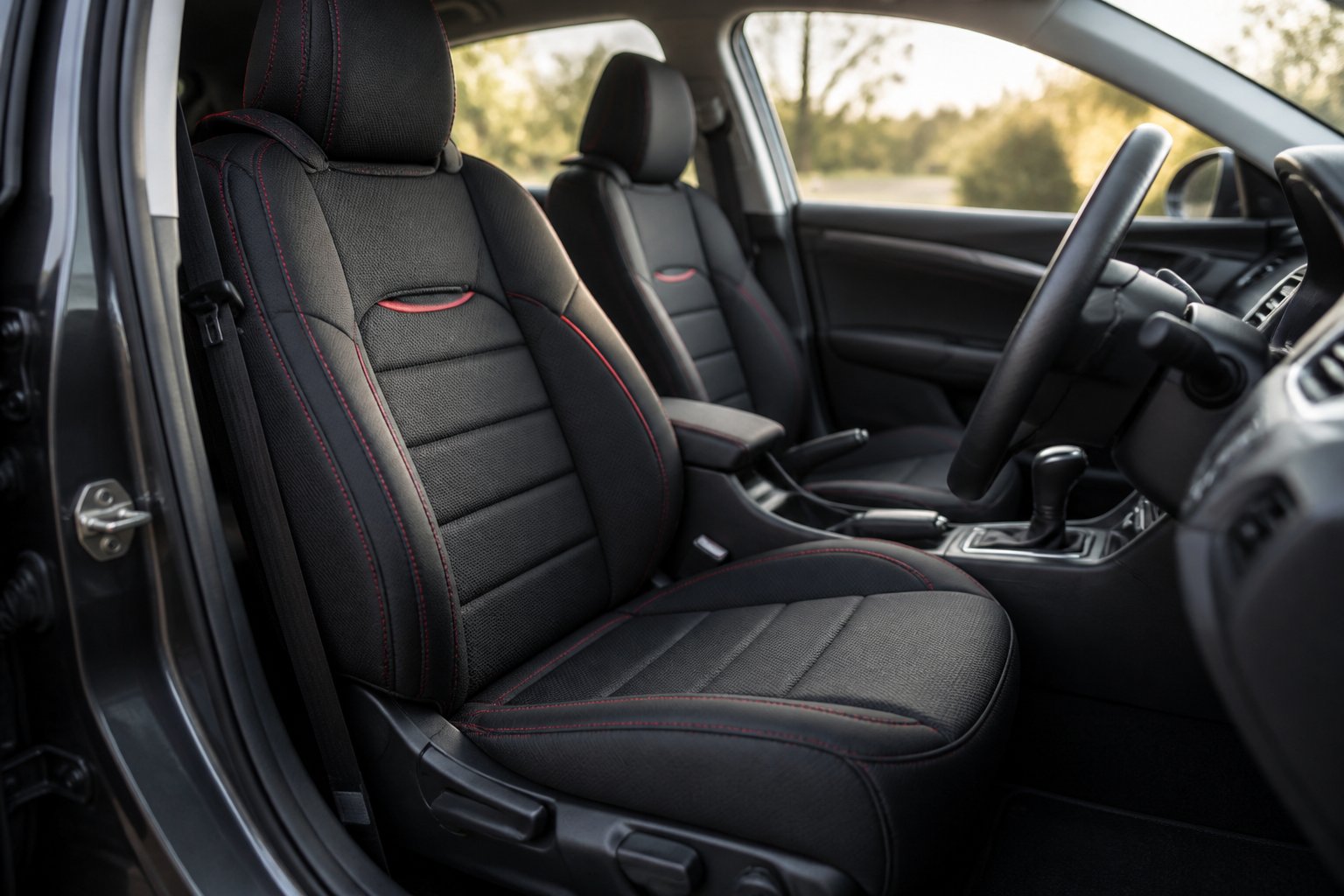 Cover jok tebal bermotif sporty terpasang pada kursi depan mobil dengan interior yang bersih.