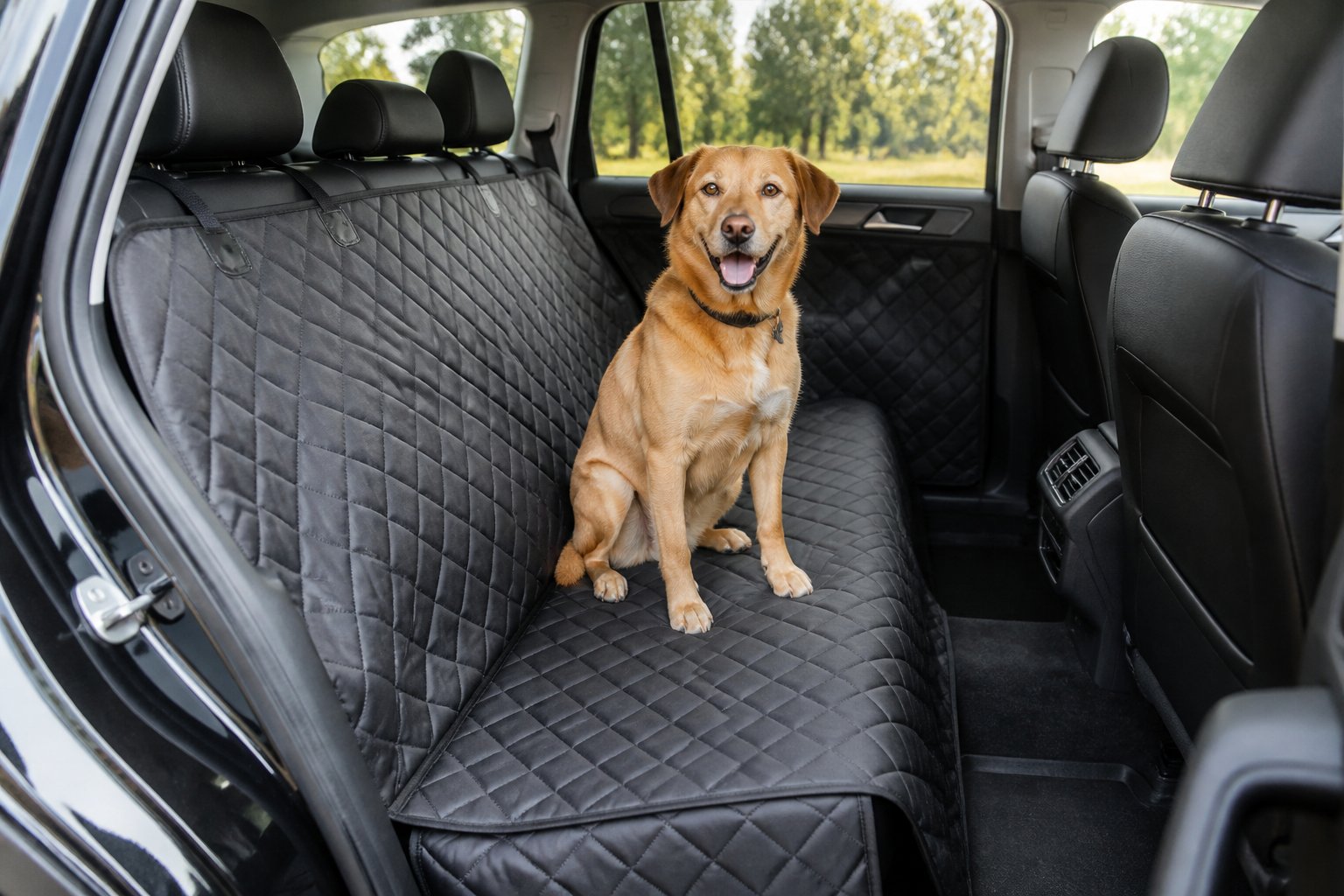 Anjing duduk di atas pelindung jok mobil pada kursi belakang.