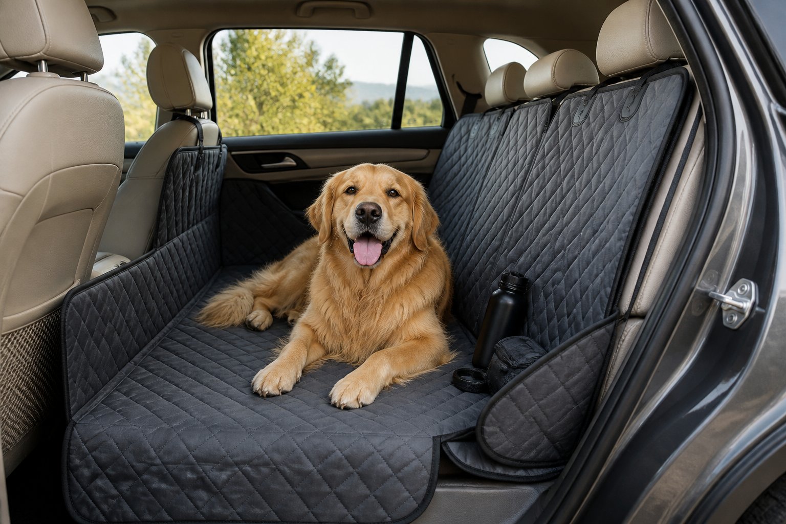 Anjing golden retriever duduk nyaman di atas pelindung jok mobil anti noda dan cakar.