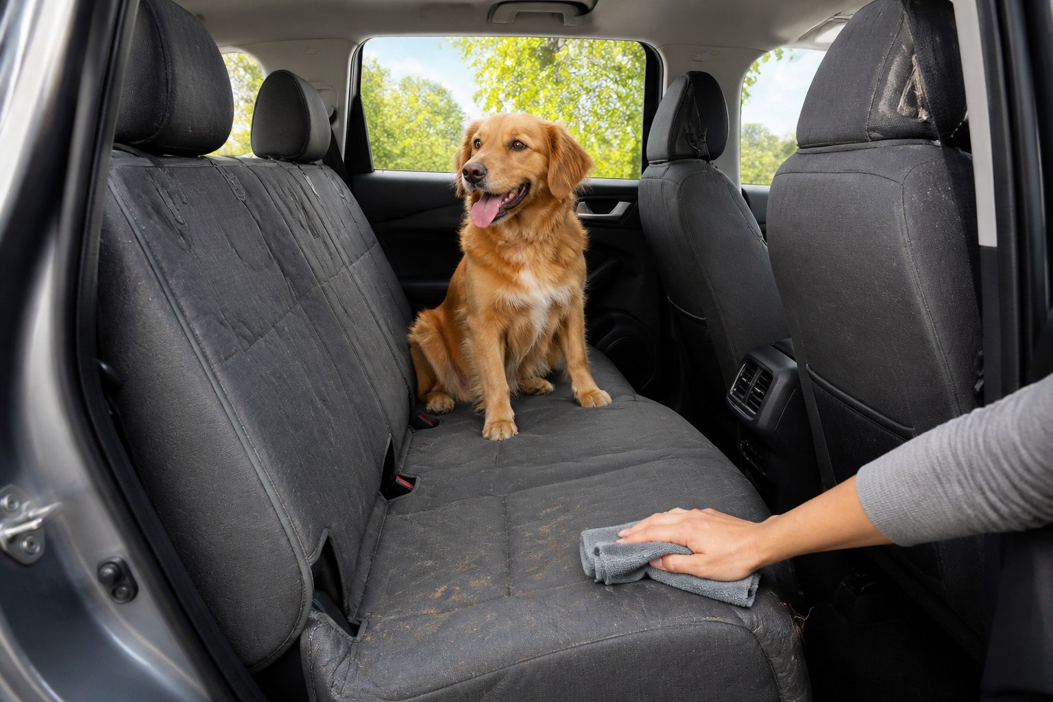 Anjing duduk di jok belakang mobil yang dilindungi sarung jok tahan noda dan cakaran.