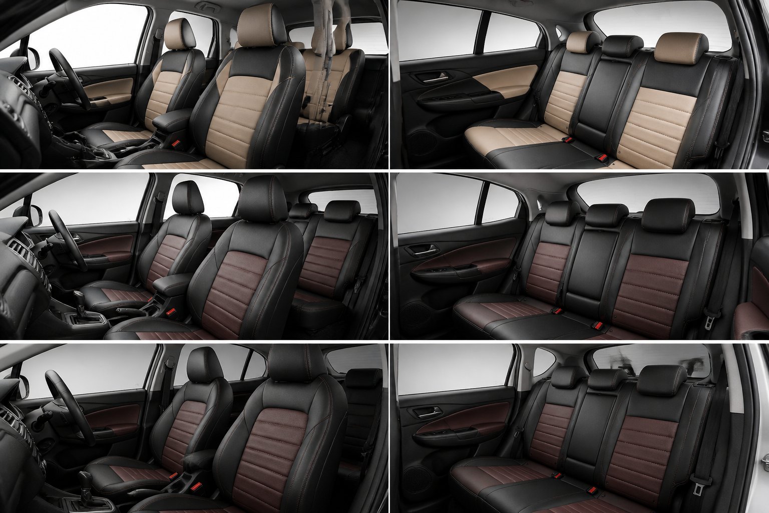 Tiga interior mobil dengan sarung jok full set berwarna gelap dan aksen kontras yang serasi.