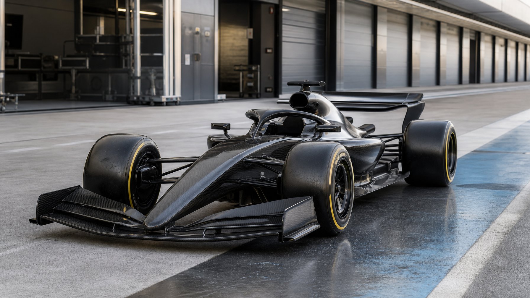 Mobil Formula 1 modern berukuran ringkas berada di area pit dengan detail aerodinamika dan komponen teknis yang terlihat jelas.