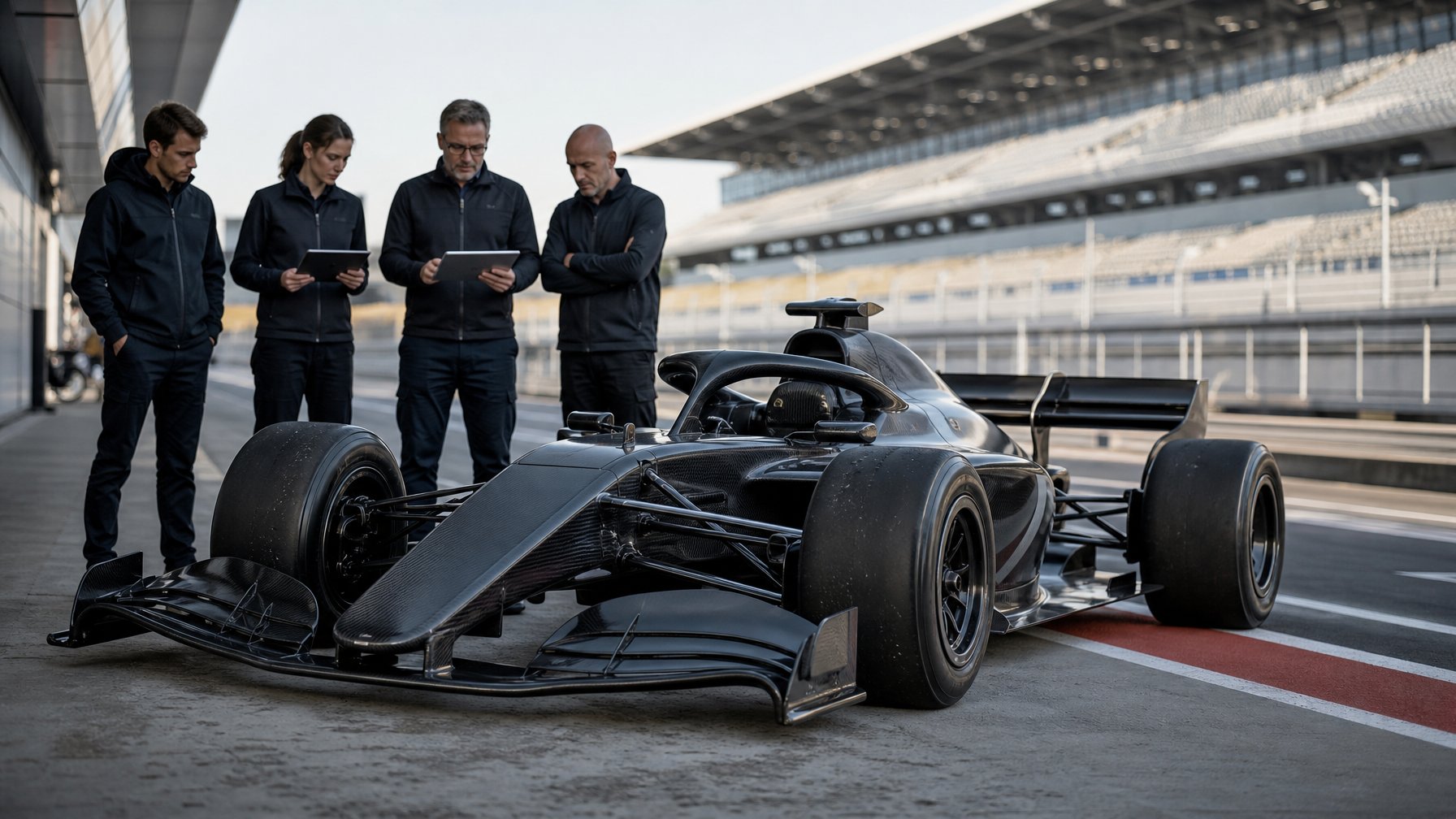 Mobil balap Formula 1 berukuran persegi berada di lintasan dengan beberapa pengamatannya.