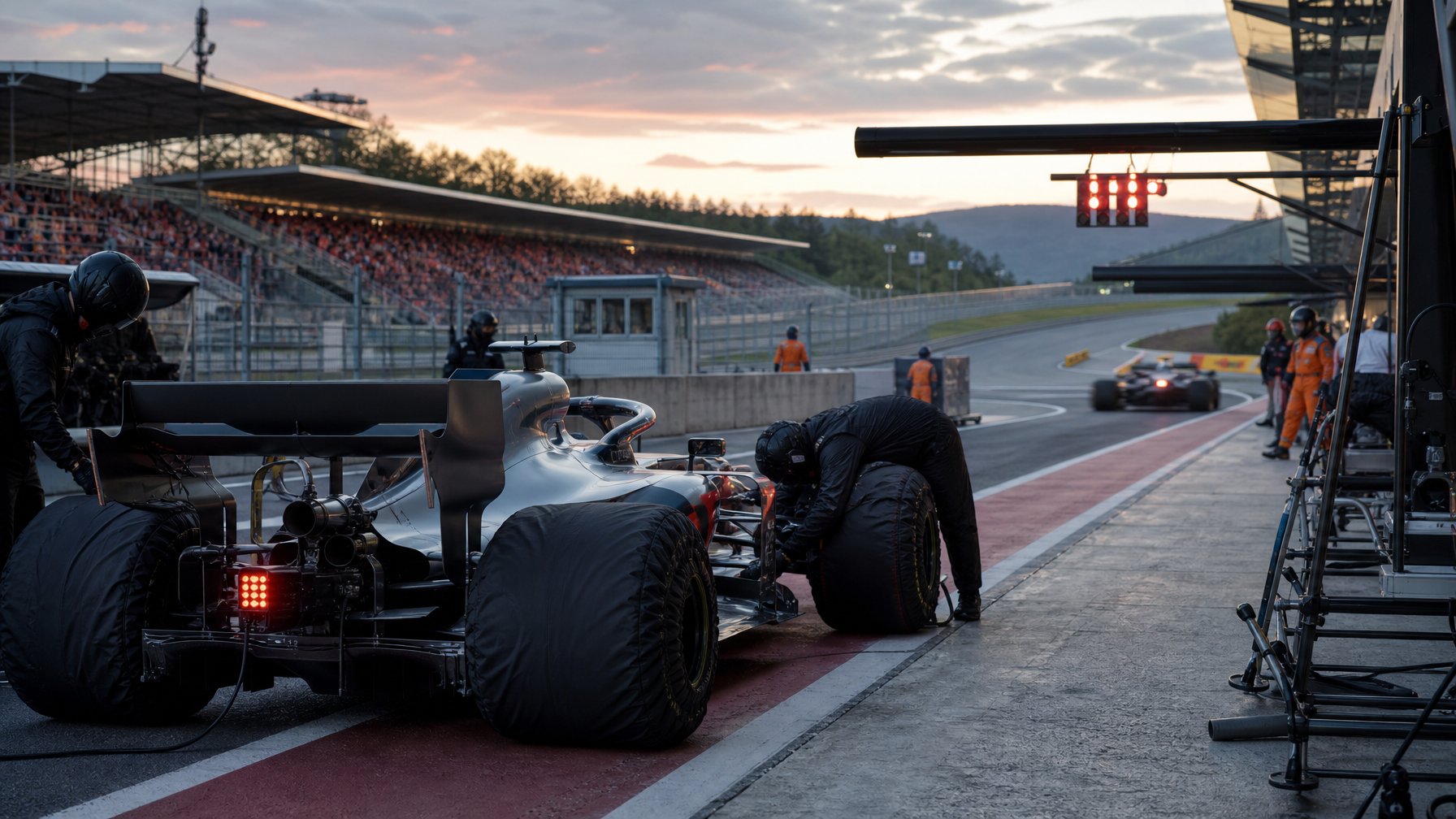Mobil balap Formula 1 berada di area pit sirkuit dengan kru dan tribun penonton di latar belakang.