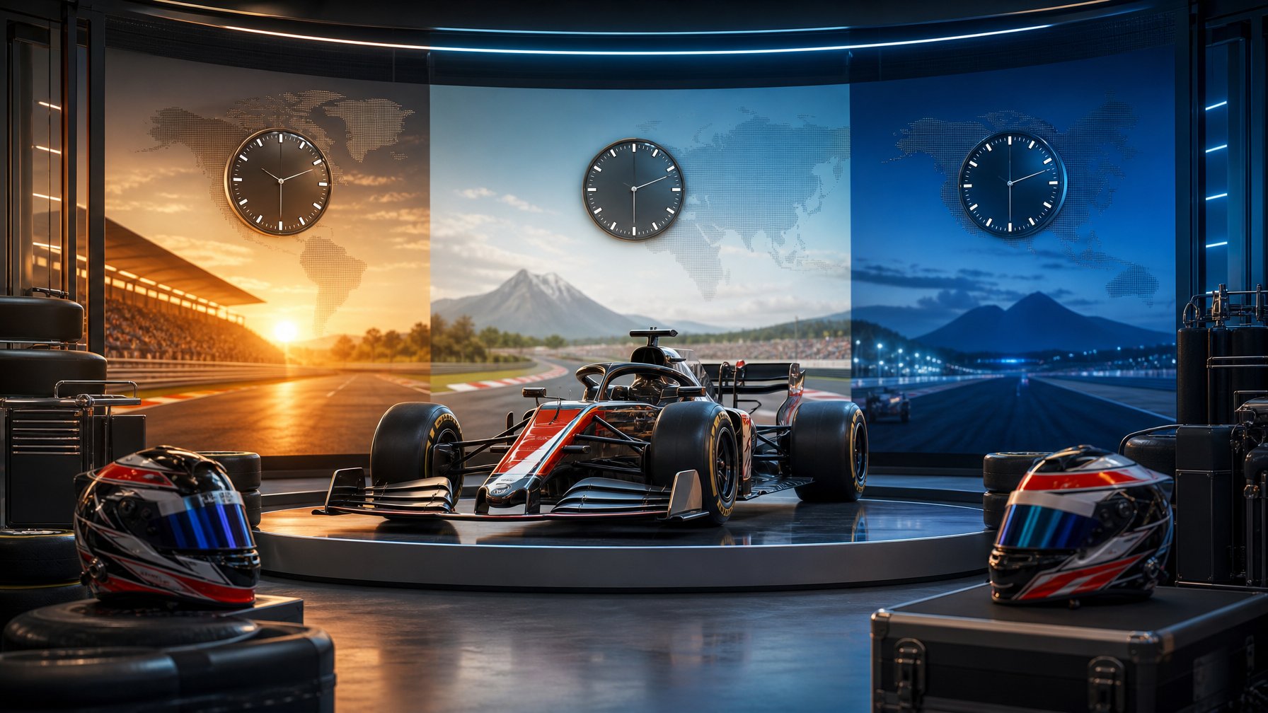 Mobil balap Formula 1 dipajang di studio dengan siaran modern dengan tiga jam dan latar sirkuit yang menggambarkan perbedaan waktu.