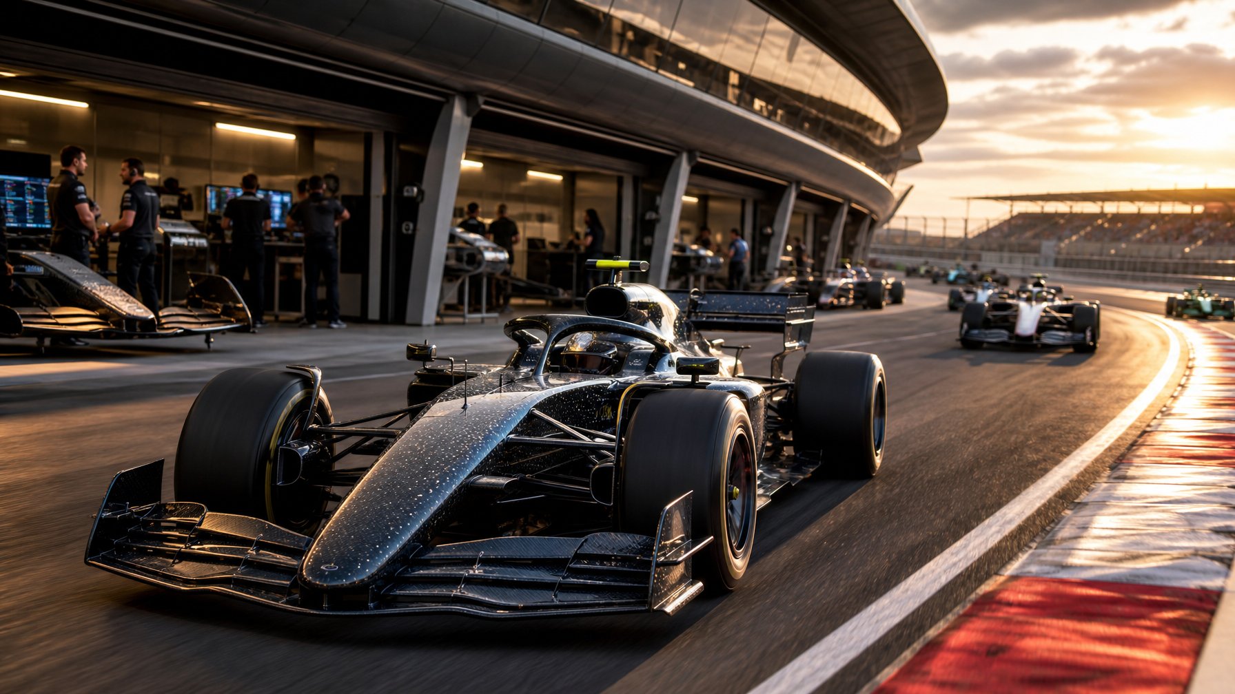 Mobil Formula 1 futuris melaju di sirkuit angin sementara para analisis menganalisis data di garasi.