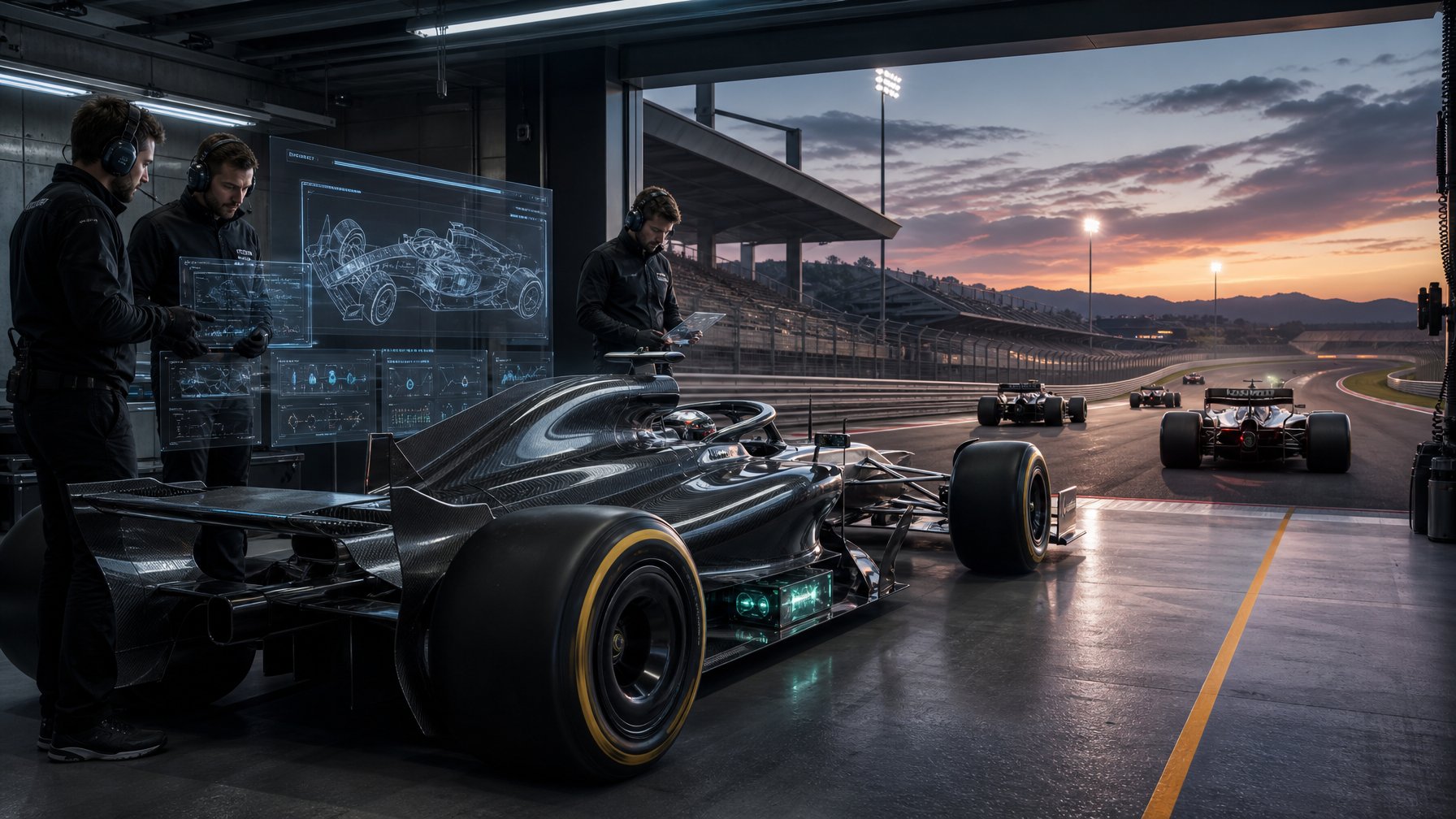 Mobil Formula 1 futuris berada di pit dengan para insinyur yang menganalisis teknologi balap, sementara mobil lain melaju di lintasan.