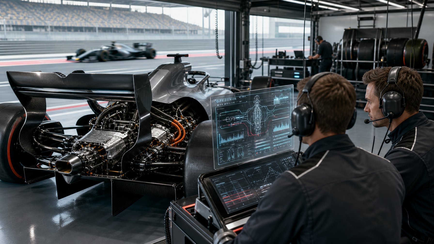 Insinyur balap menganalisis sistem tenaga mobil Formula 1 di garasi pit.