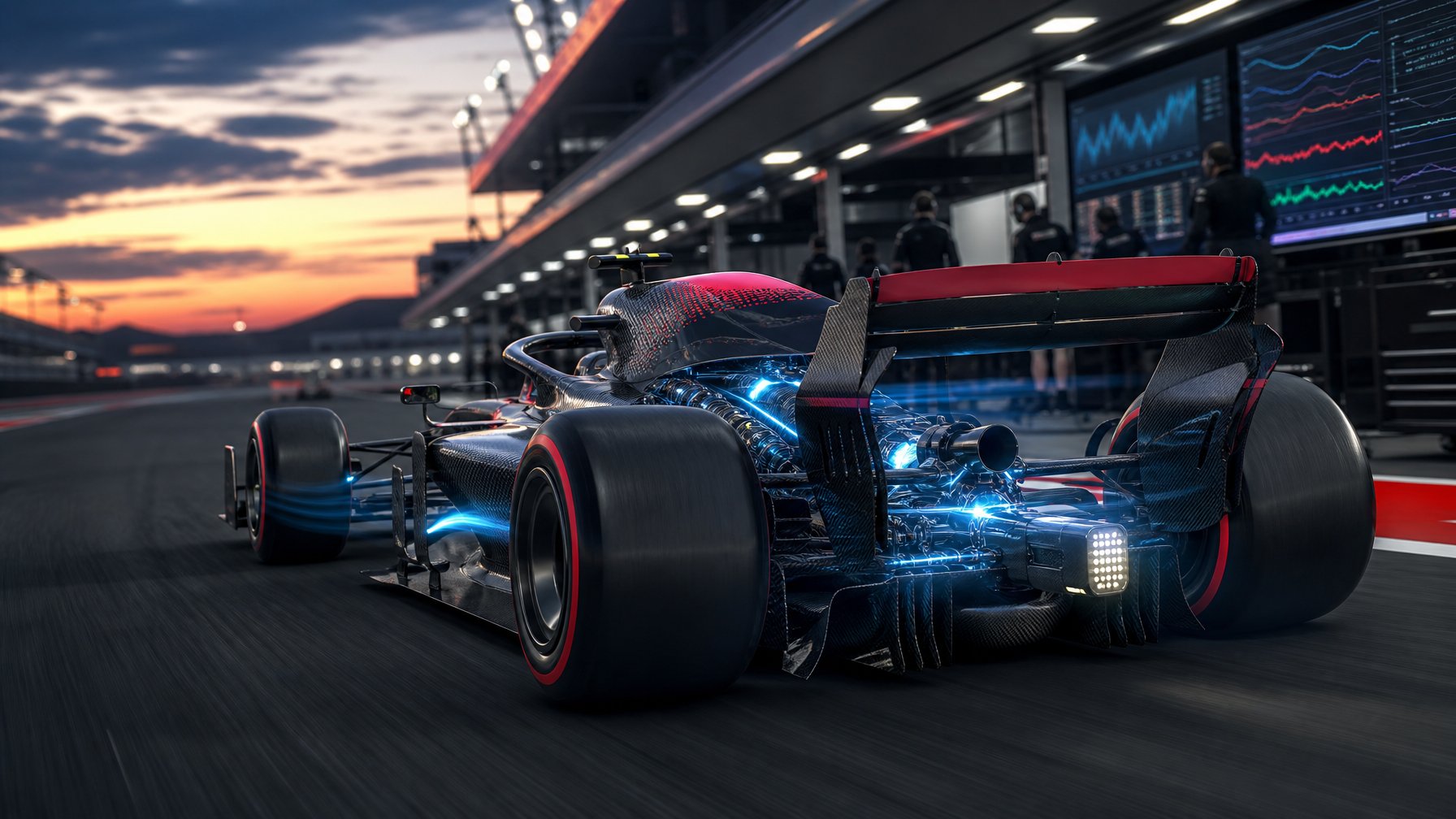 Mobil Formula 1 modern melaju di sirkuit dengan latar garasi teknis dan peralatan analisis energi.