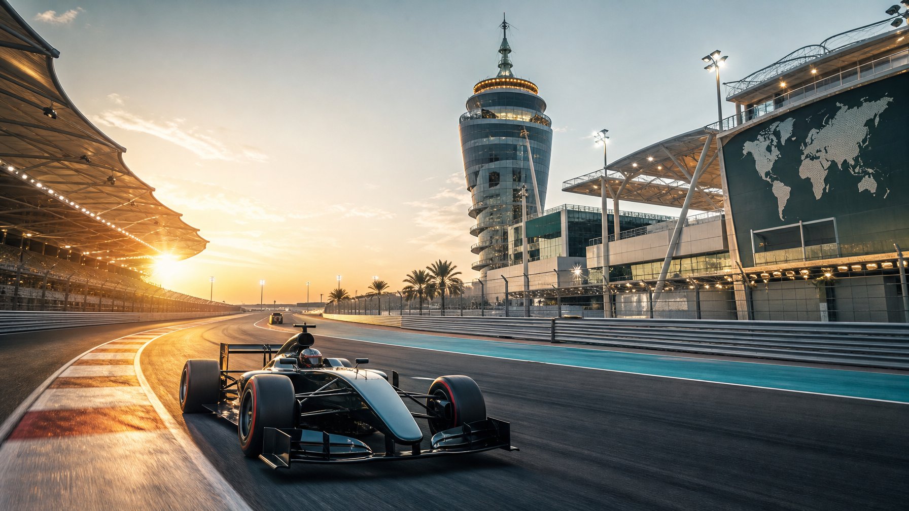 Formula balap mobil melaju di tikungan tikungan modern dengan tribun dan menara pengawas di latar belakang.