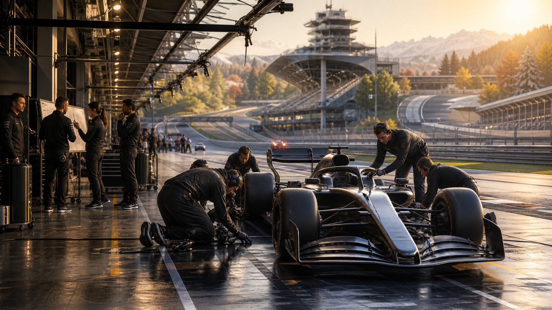 Mobil balap Formula 1 sedang disiapkan kru di pit lane sirkuit modern dengan suasana pergantian musim.