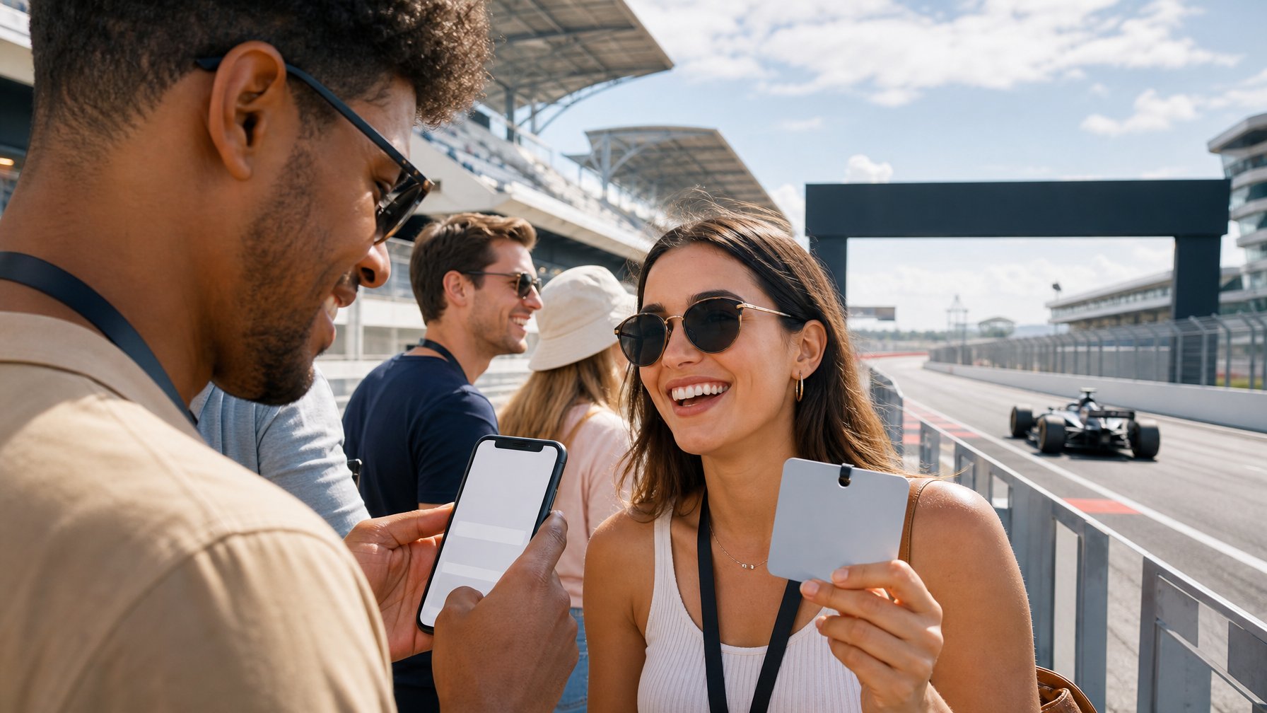 Penggemar balap membeli tiket melalui ponsel di area sirkuit Formula 1.
