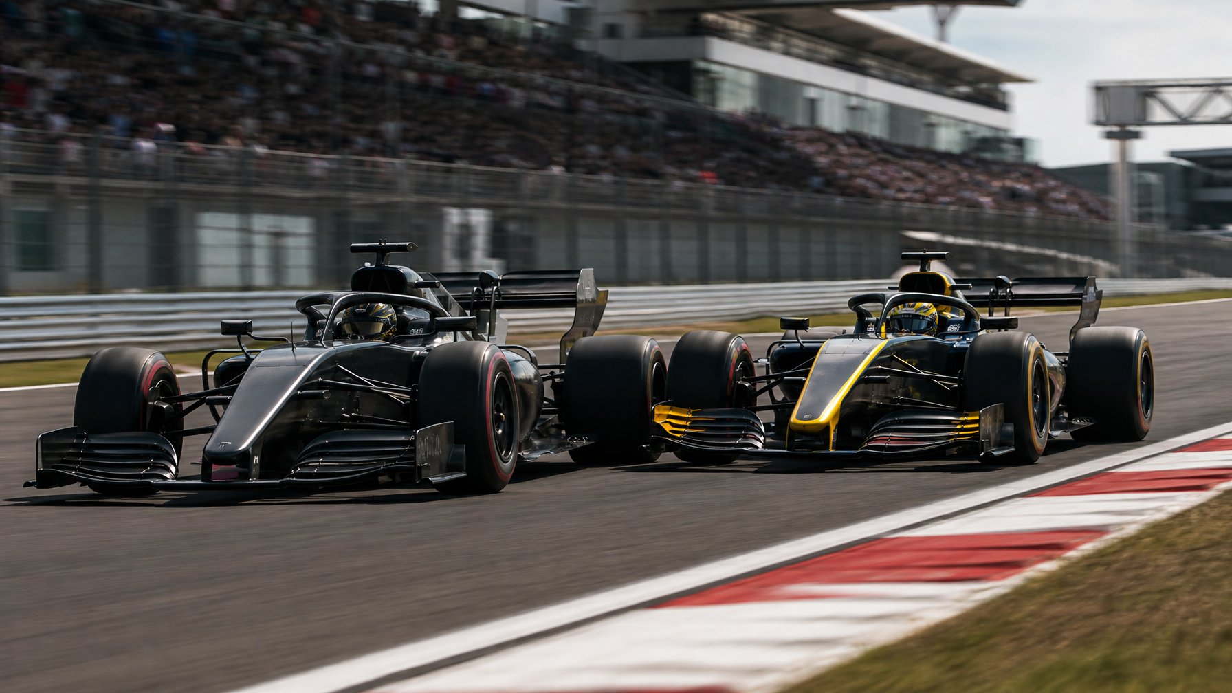 Dua mobil balap Formula 1 modern sedang melakukan manuver saling menyalip di sirkuit.