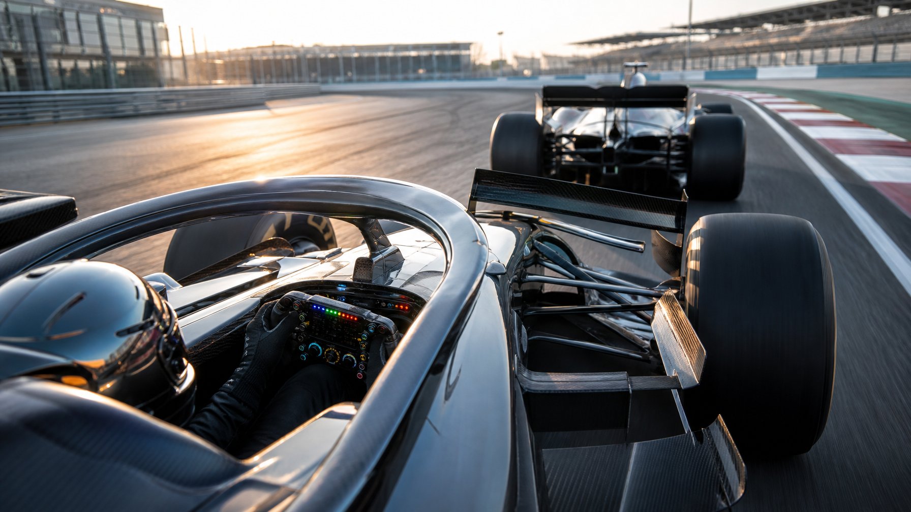 Dua mobil Formula 1 bermanuver saling menyalip di sirkuit modern dengan sayap aerodinamika yang dapat disesuaikan.