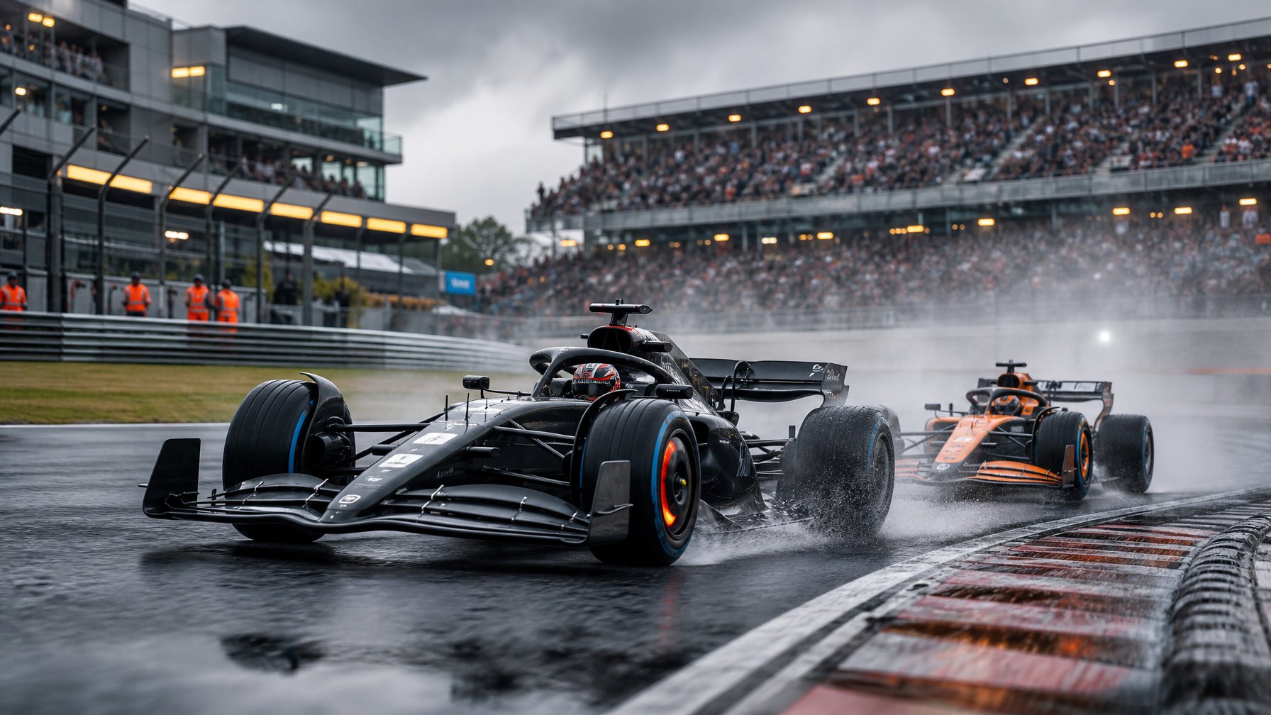 Dua mobil Formula 1 berpacu ketat di tikungan sirkuit yang basah dengan penonton memenuhi tribun.