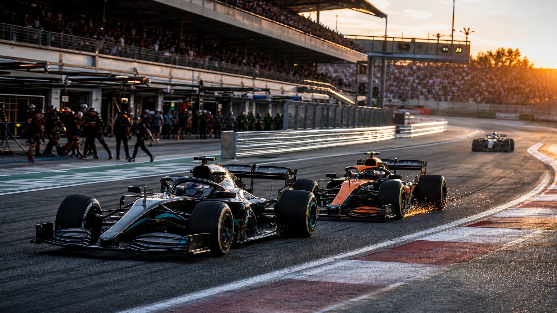 Dua mobil Formula 1 berpacu ketat di tikungan sirkuit dengan penonton dan kru pit di latar belakang.