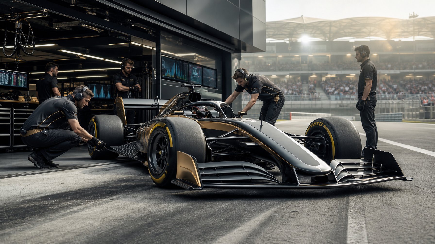 Mobil balap Formula 1 baru berada di depan garasi bersama para mekanik di sirkuit.