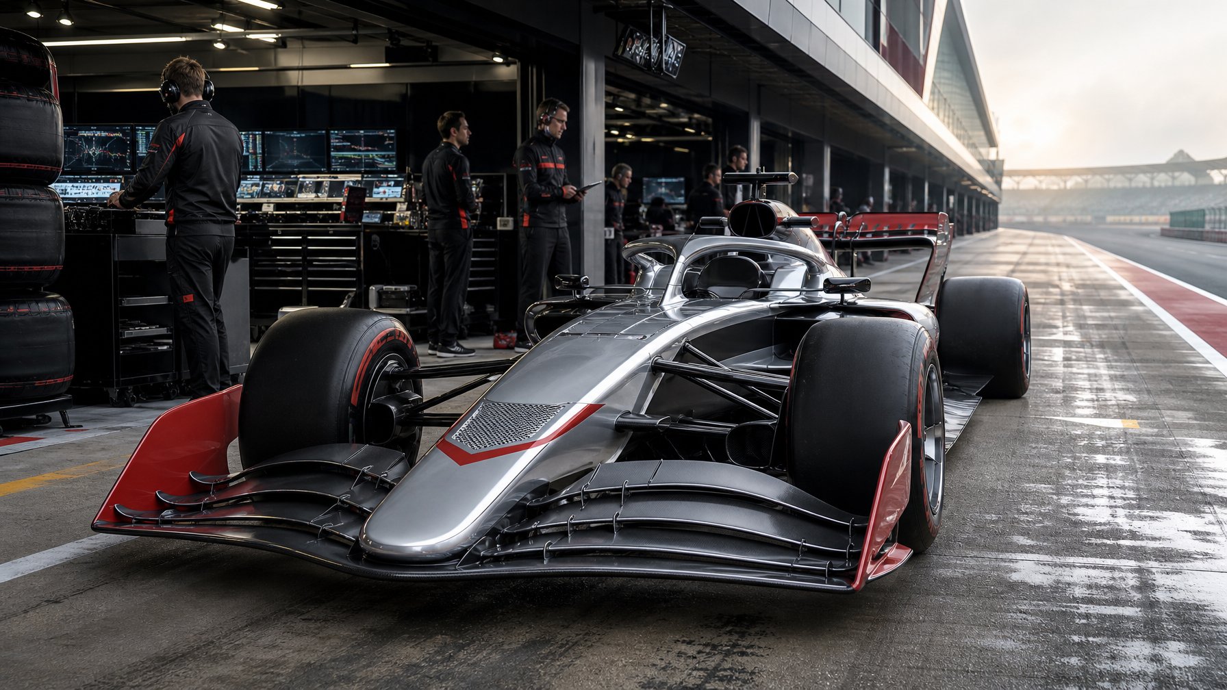 Mobil Formula 1 futuristis berada di depan garasi tim pabrikan baru di lintasan balap.