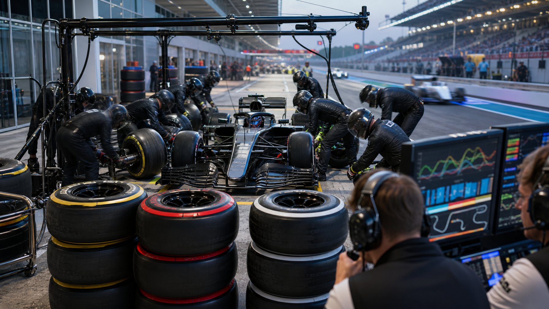 Tim pit F1 mengganti ban mobil balap di pit lane, dengan beberapa pilihan ban dan kru strategi sepanjang balapan.