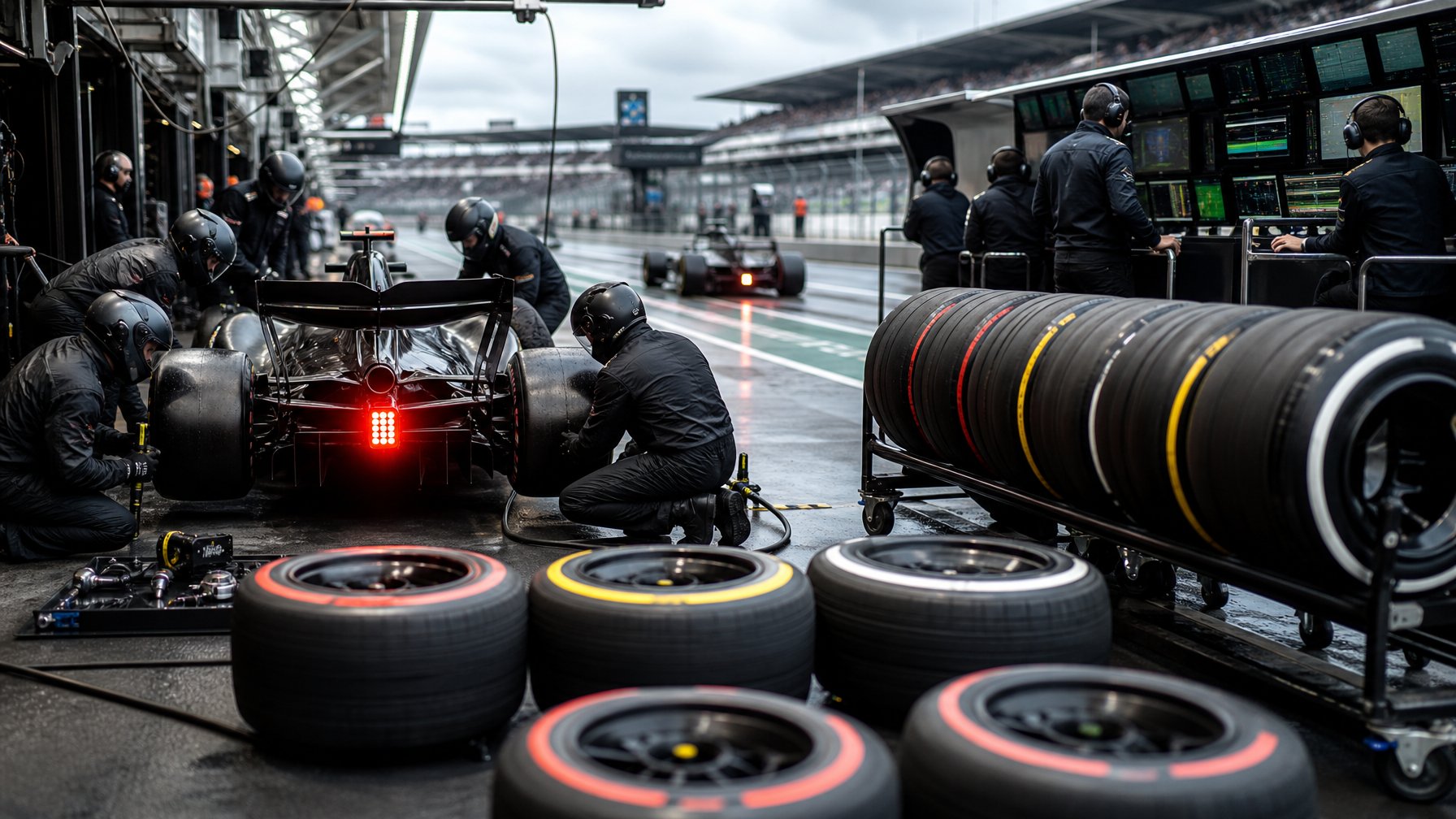 Kru pit stop mengganti ban mobil Formula 1 sambil membantu menganalisis strategi balapan di pit lane.