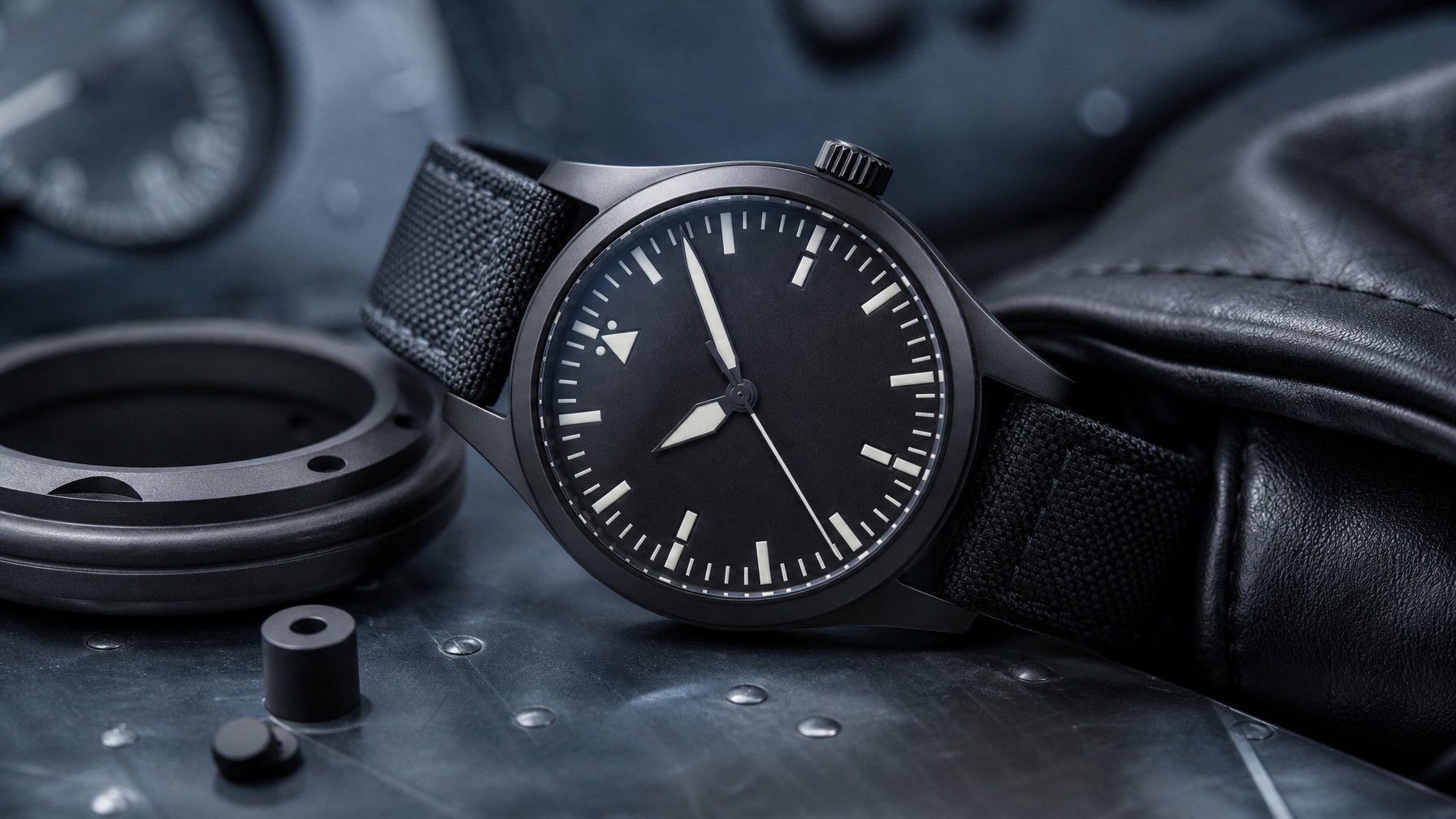 Jam tangan pilot mewah berwarna hitam diletakkan di atas permukaan bernuansa penerbangan.