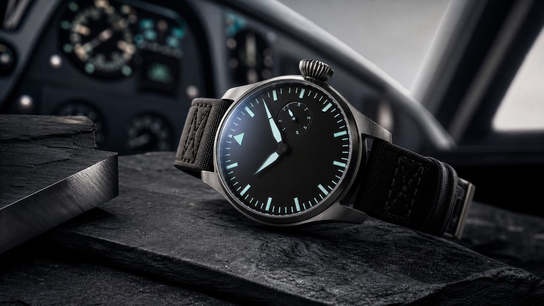 Jam tangan pilot mewah dengan aksen cahaya biru kehijauan di atas permukaan batu gelap dan logam.