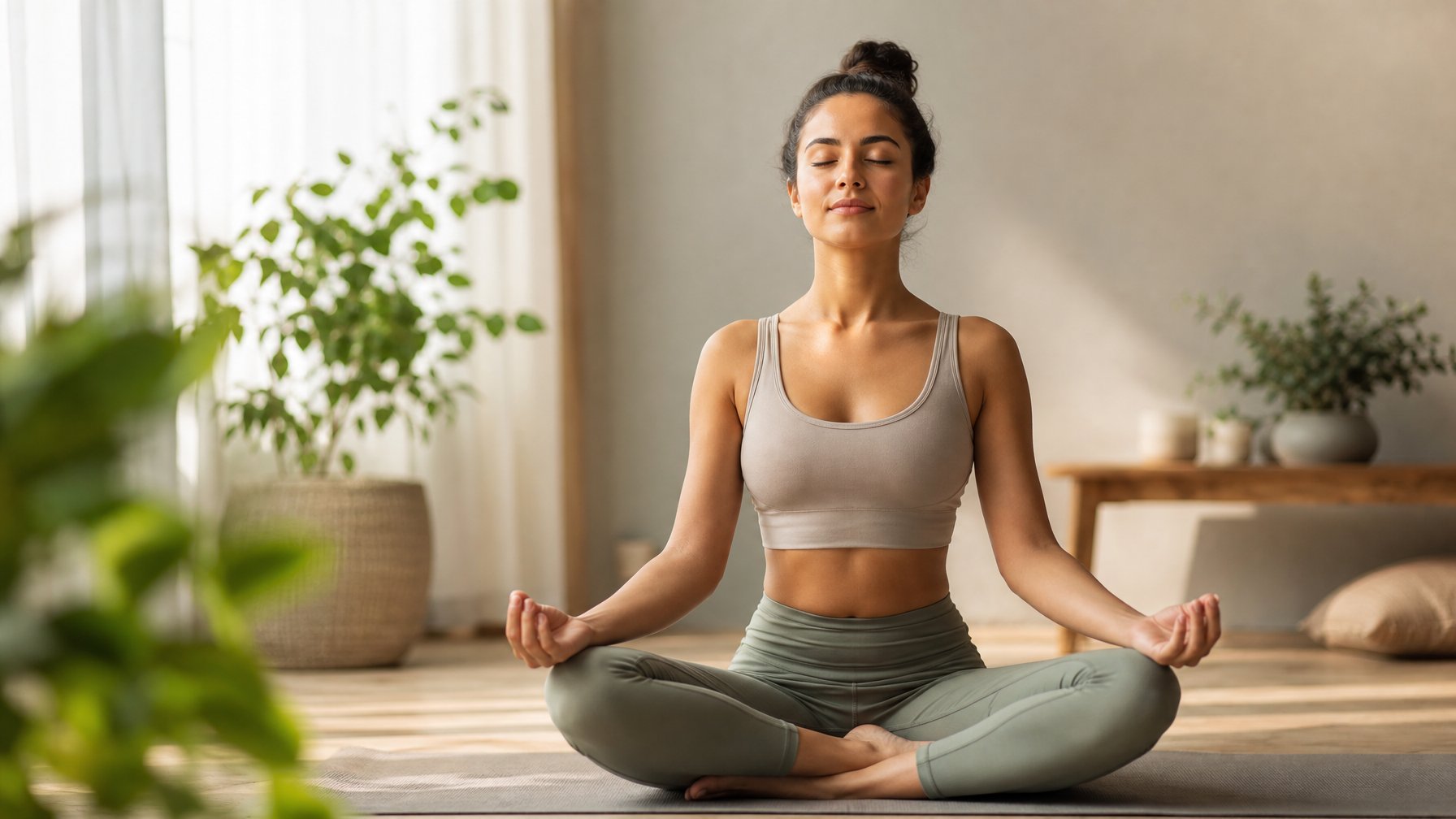 Seseorang duduk dengan tenang sambil melakukan latihan pernapasan meditasi di ruangan yang damai.