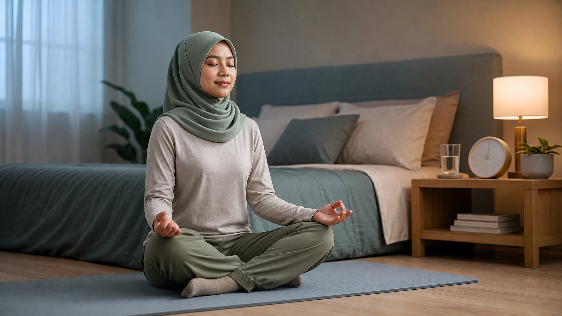 Seorang perempuan bermeditasi di atas matras yoga di kamar tidur yang tenang di sore hari.