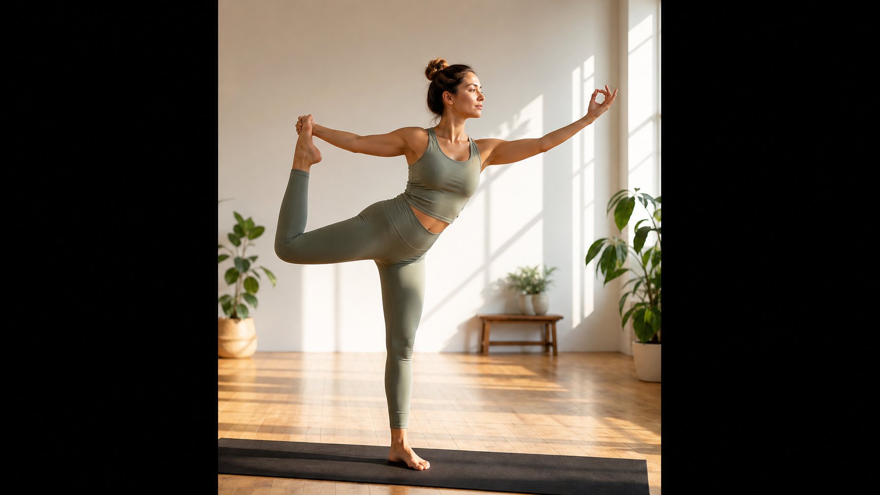 Seorang perempuan melakukan gerakan yoga dan meditasi di studio yang terang.