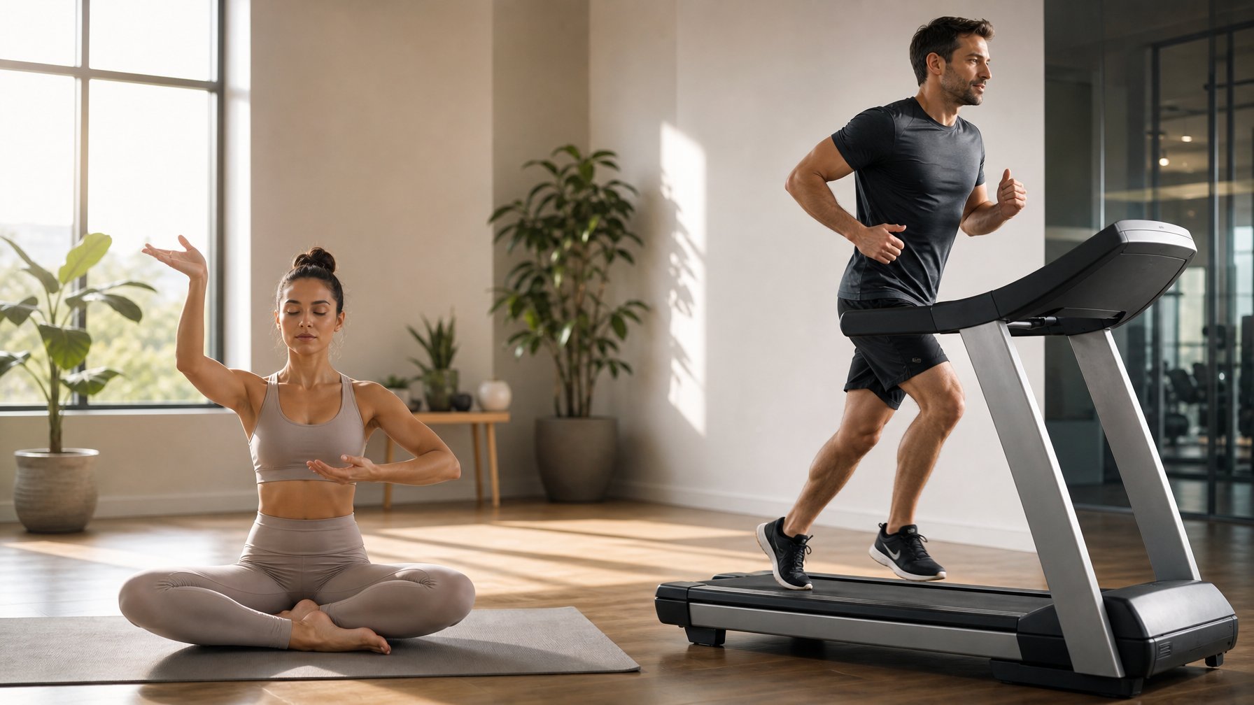 Seorang wanita melakukan gerakan meditasi dengan tenang, sementara seorang pria berlari di treadmill dalam studio kebugaran.