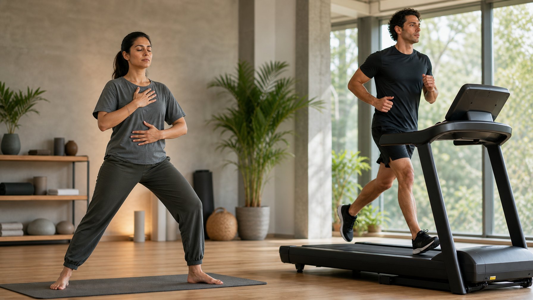Dua orang berolahraga di studio, satu melakukan gerakan bersepeda dengan tenang dan satu berlari di treadmill.