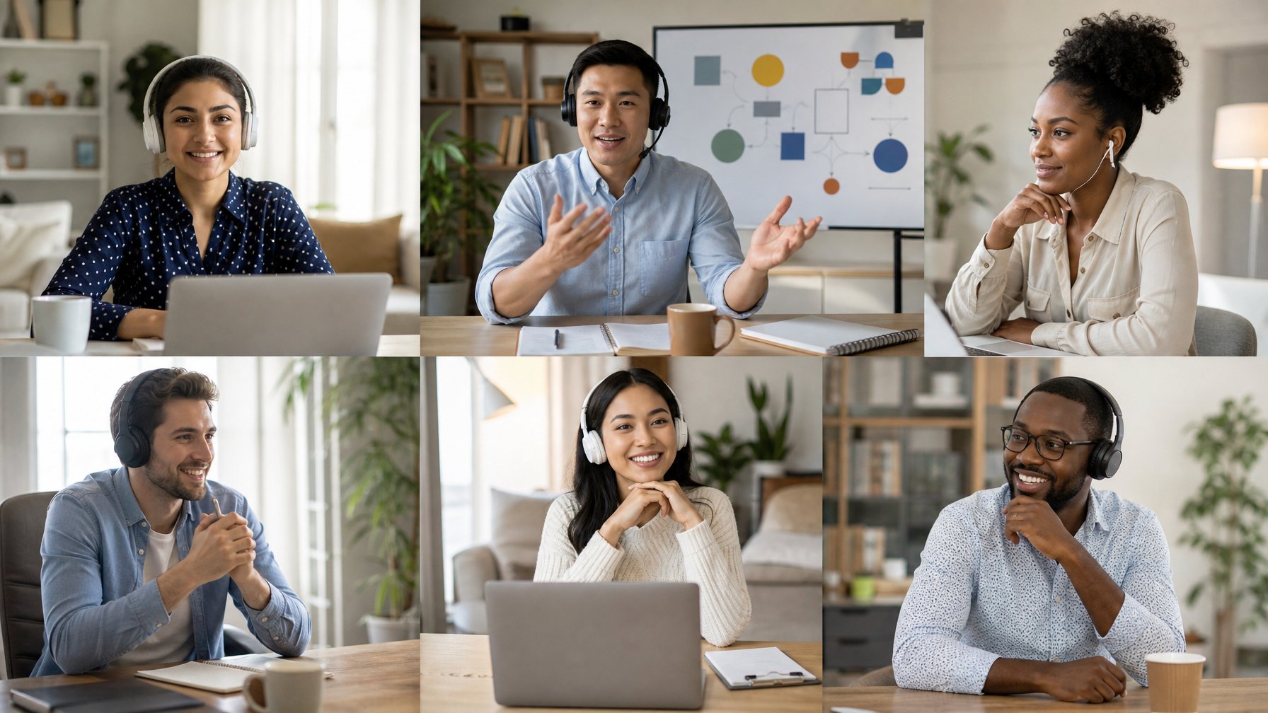 Tim startup yang bekerja jarak jauh berdiskusi secara damai melalui konferensi video dari ruang kerja masing-masing.