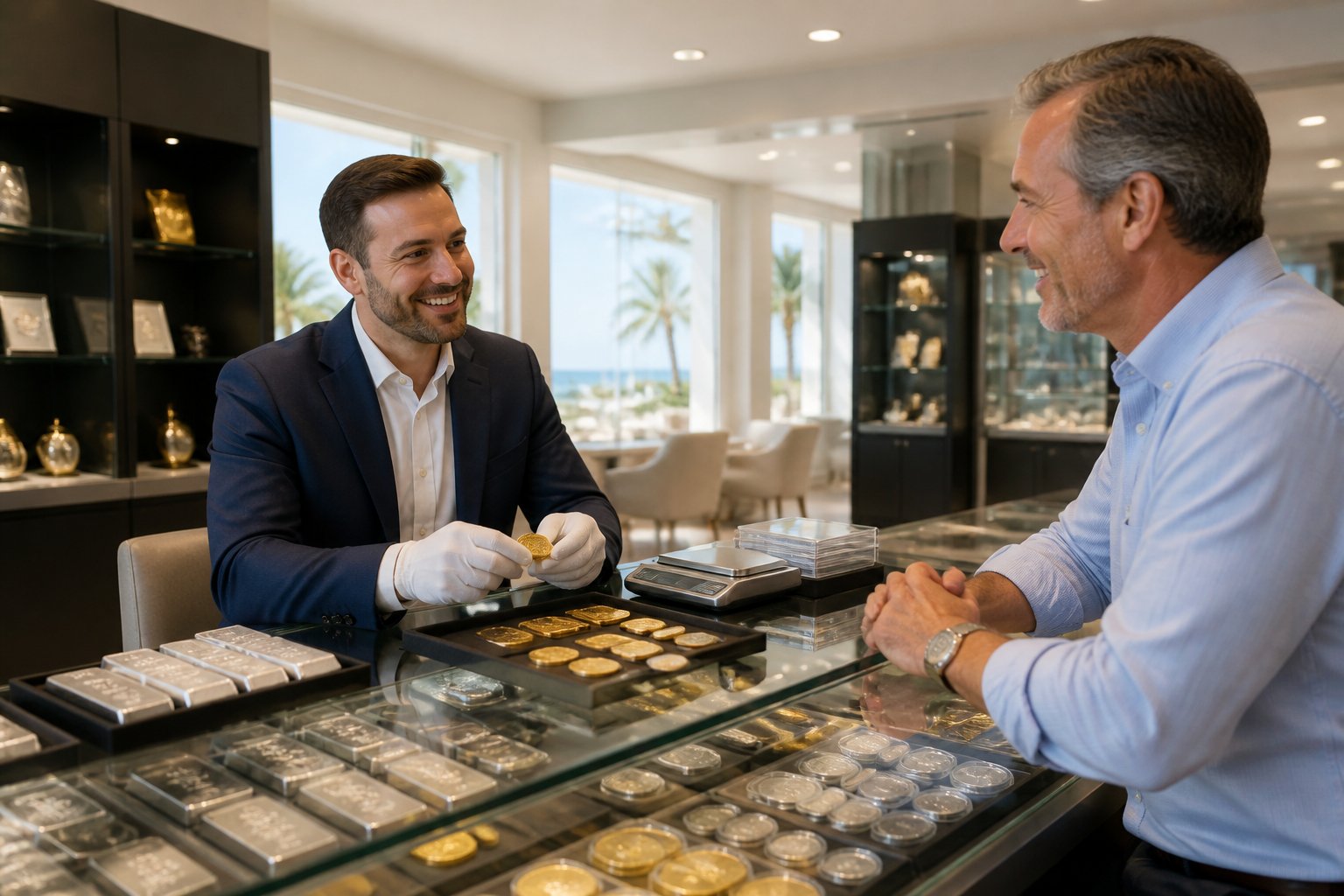A customer consults with a precious-metals specialist beside display cases of gold and silver coins and bars.