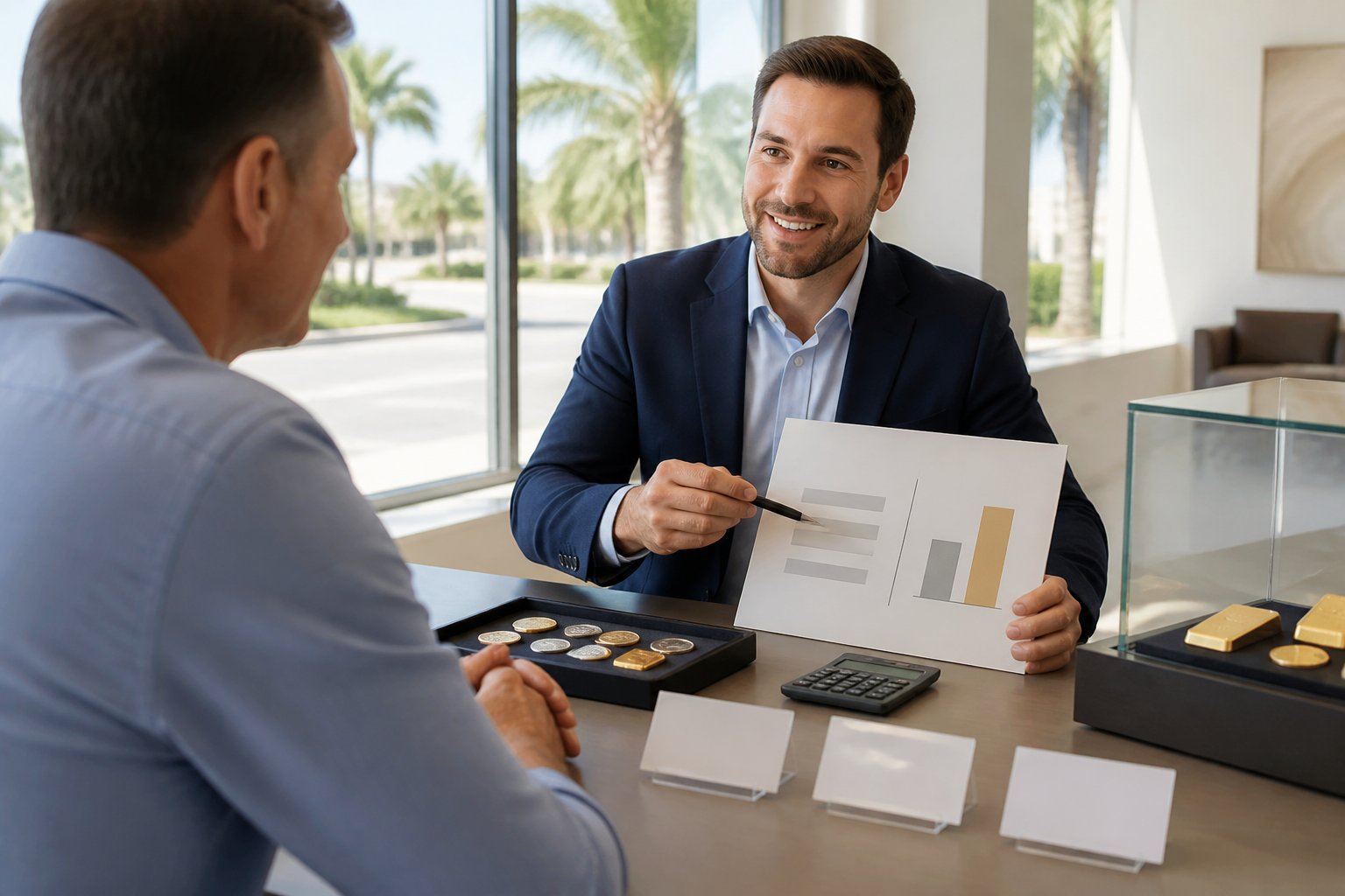 A precious-metals advisor explains a purchase cost breakdown to a customer in a bright showroom.