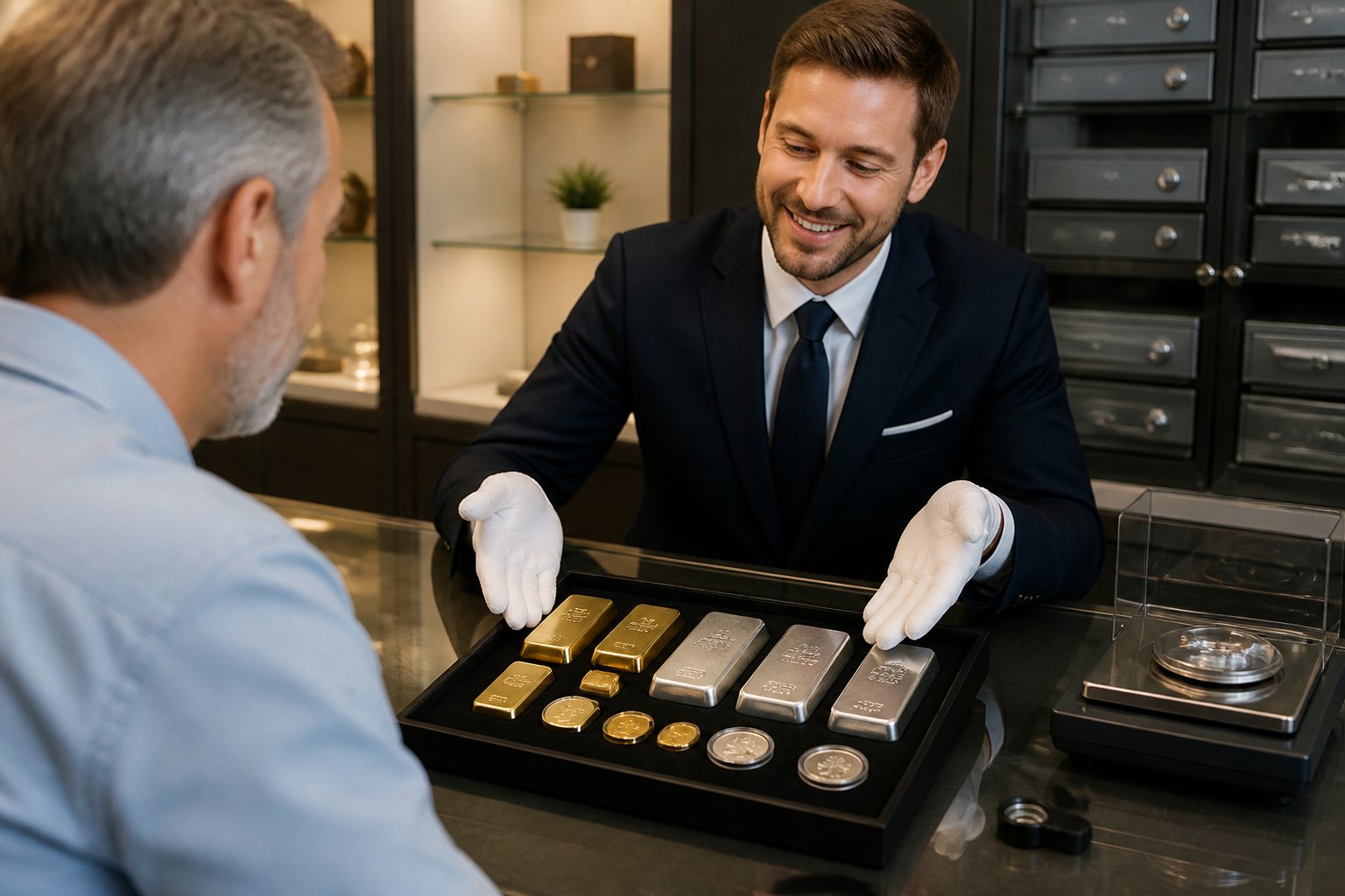 A bullion advisor presents gold and silver bars and coins to a customer at a secure showroom counter.