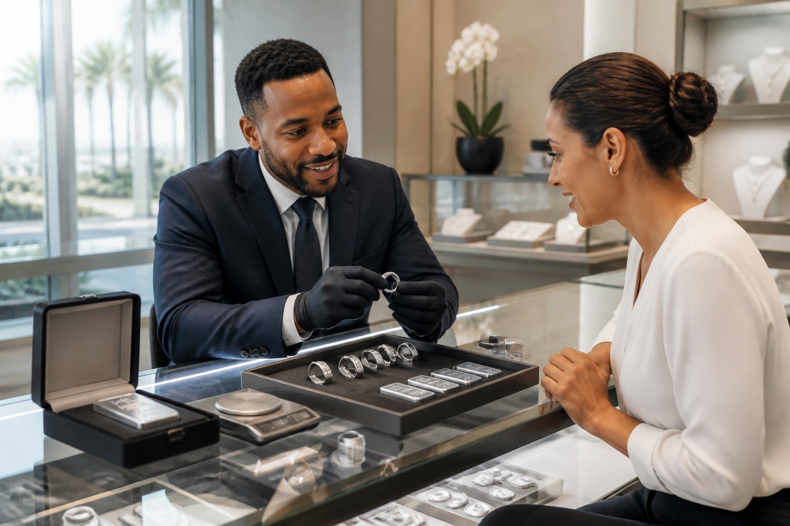 A consultant presents platinum products to a customer at a polished precious-metals showroom counter.