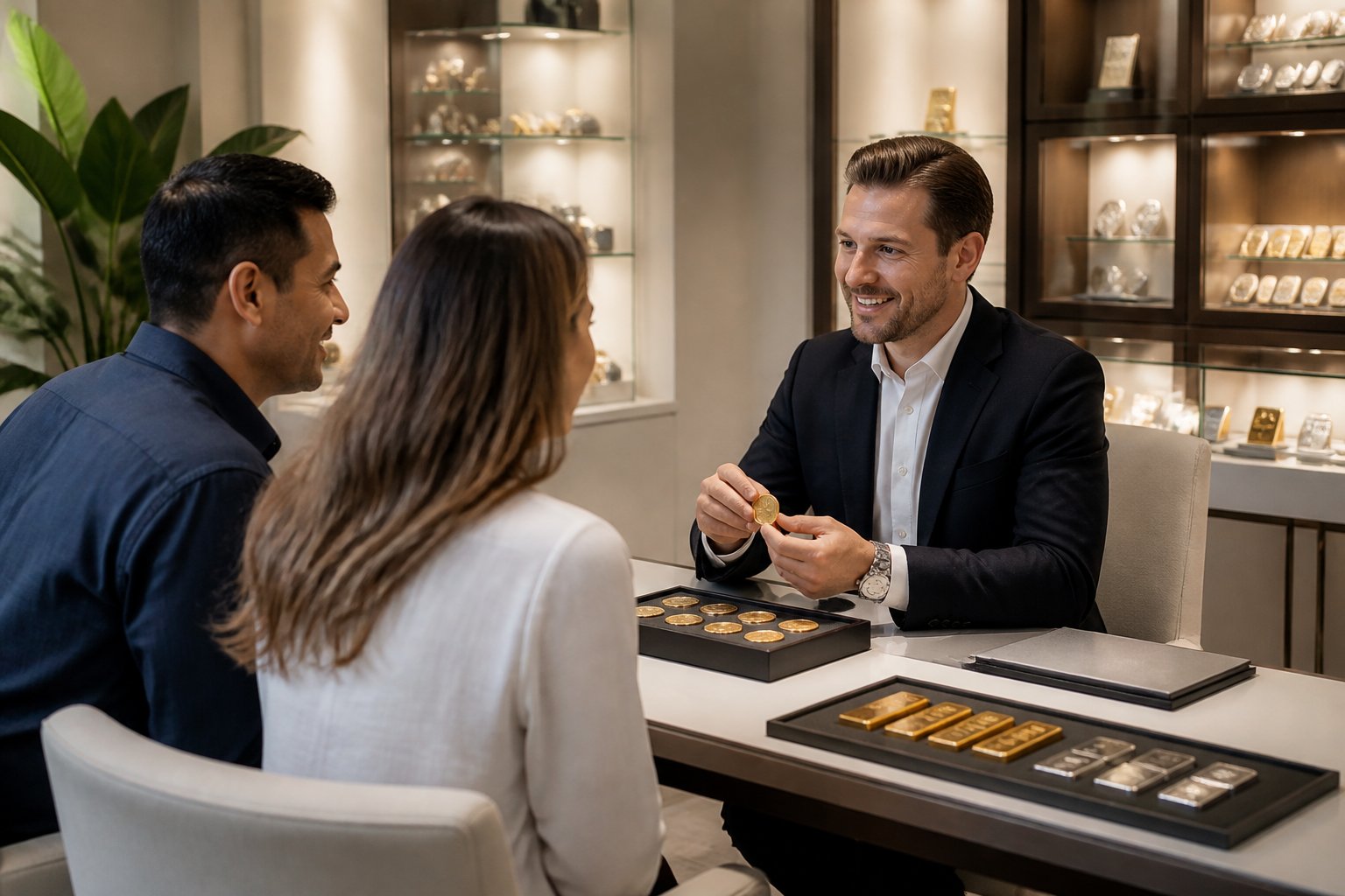 A sales professional consults with customers inside an elegant precious-metals showroom.