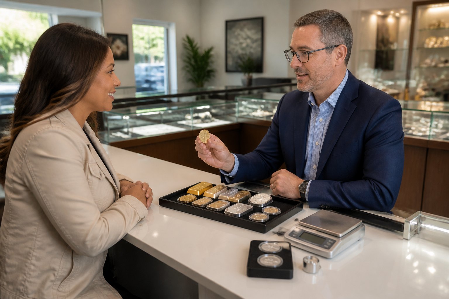 A customer consults with a staff member while examining gold and silver bullion in a bright local showroom.