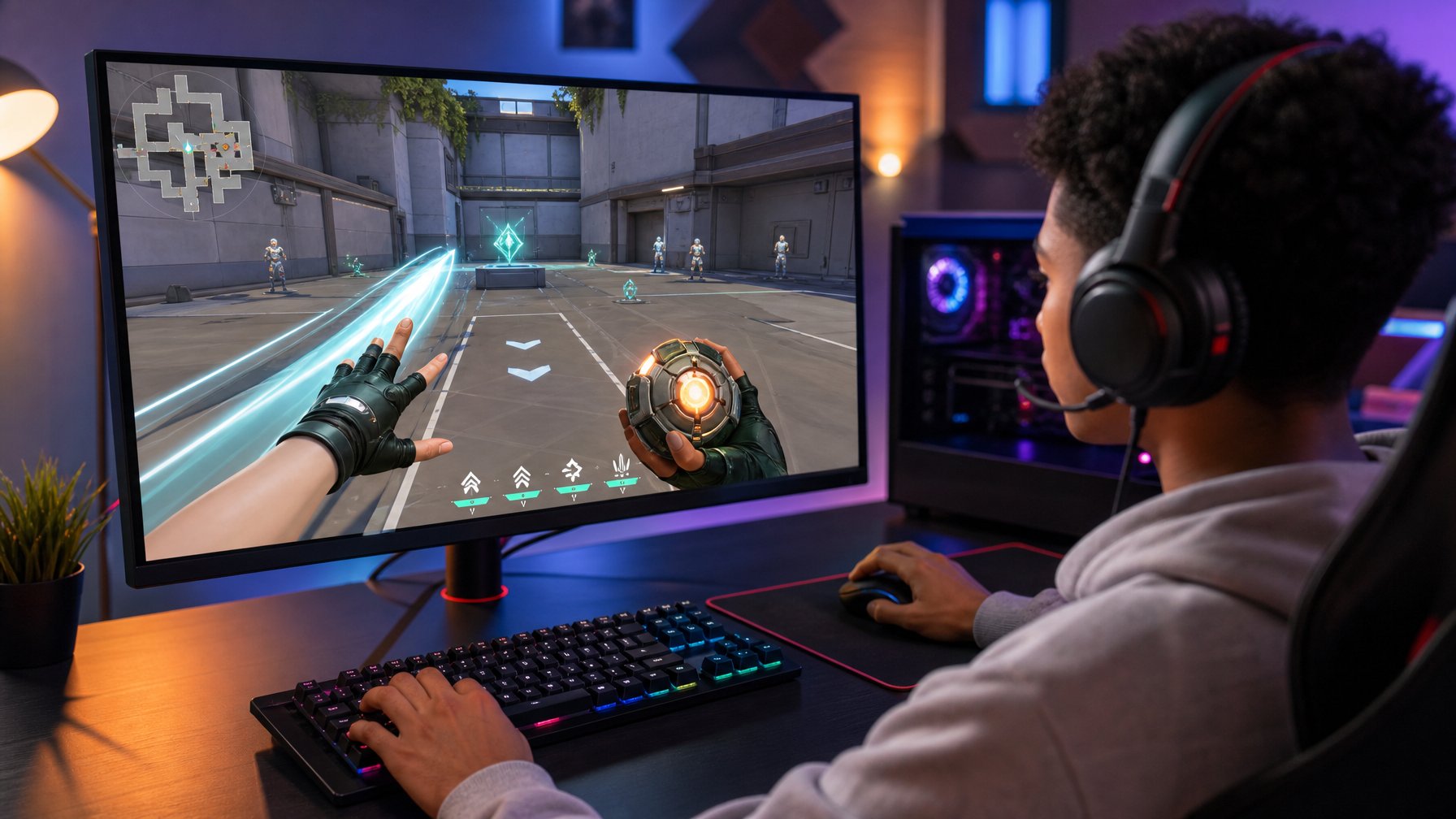 Seorang gamer pemula berlatih menggunakan kemampuan gerak angin dan perangkat ledak dalam arena permainan tembak-menembak futuristis.