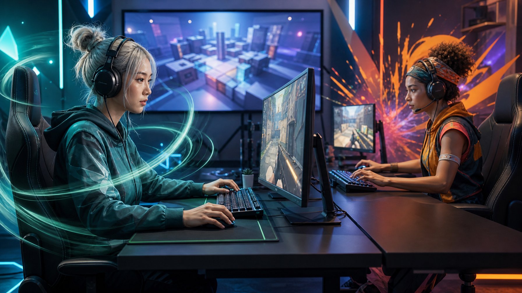 Dua pemain esports berlatih mengendalikan kemampuan karakter duel dengan fokus pada koordinasi dan pergerakan.