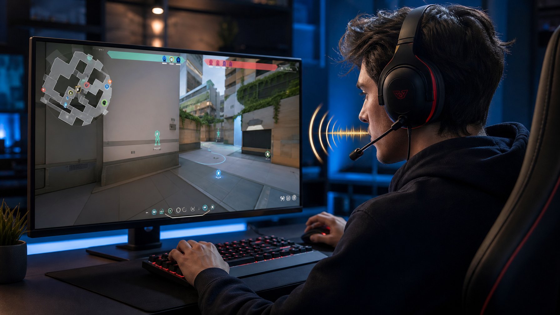 Gamer berkonsentrasi di depan monitor sambil memperhatikan peta mini dan mendengarkan suara melalui headset.