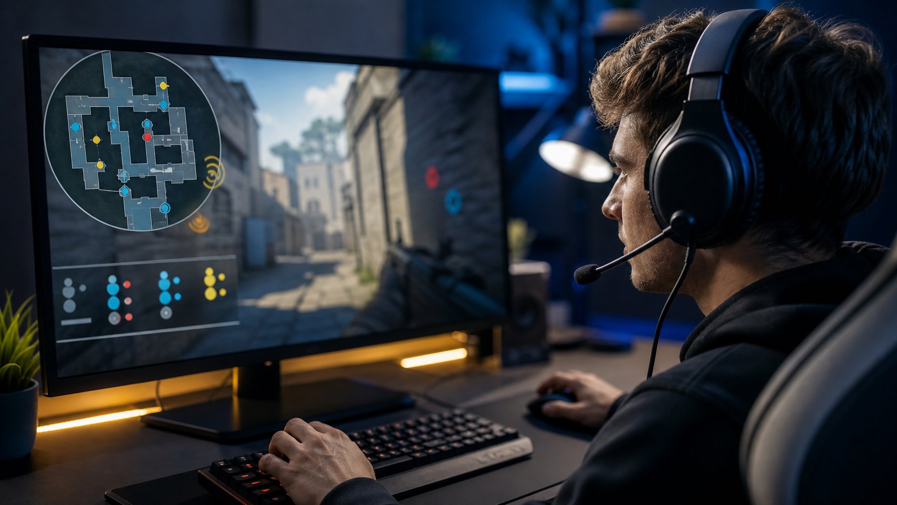 Pemain gim kompetitif memperhatikan mini map di monitor sambil mendengarkan suara melalui headset.
