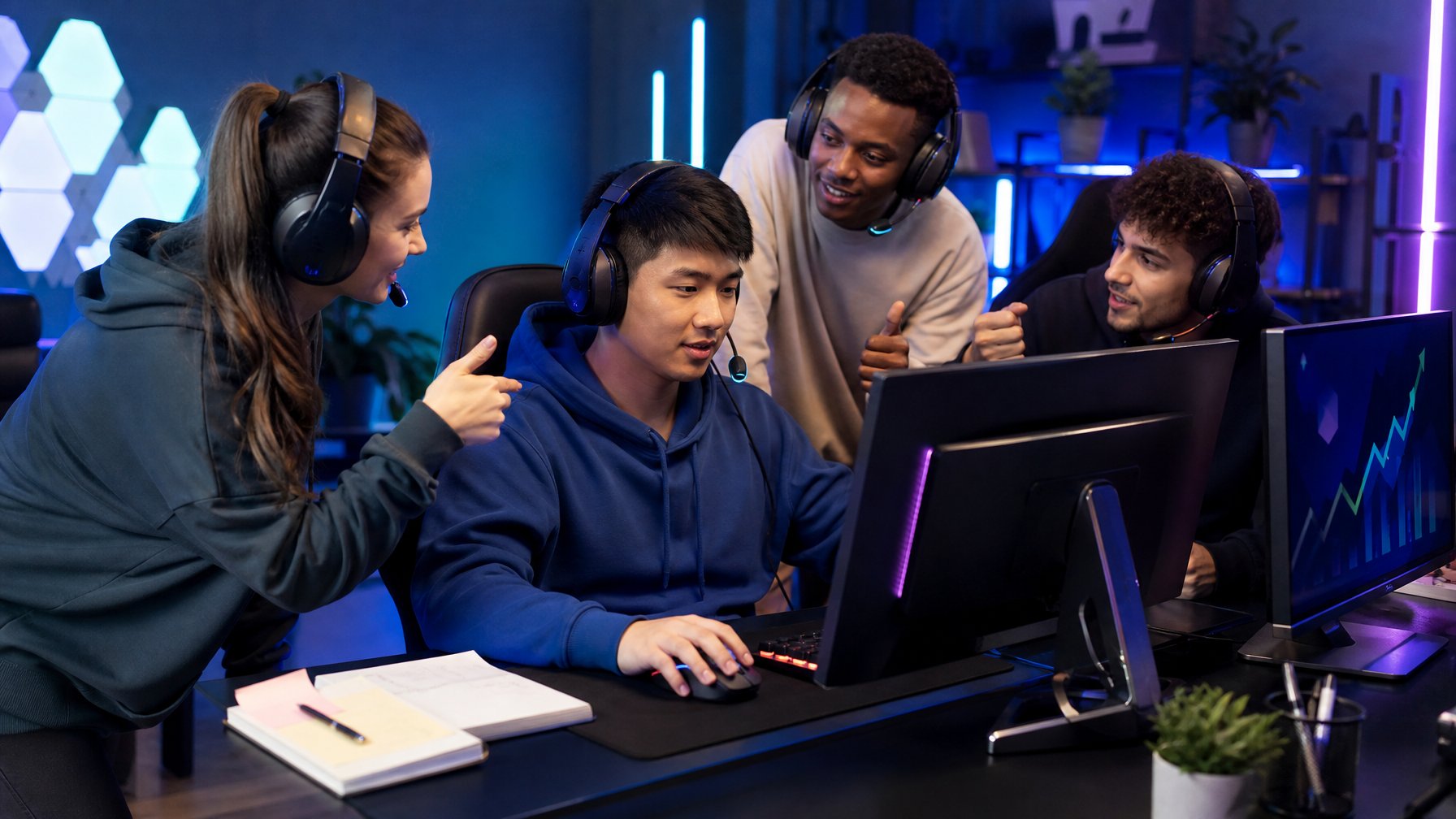 Sekelompok pemain esports bekerja sama dengan tenang di ruang gaming modern.
