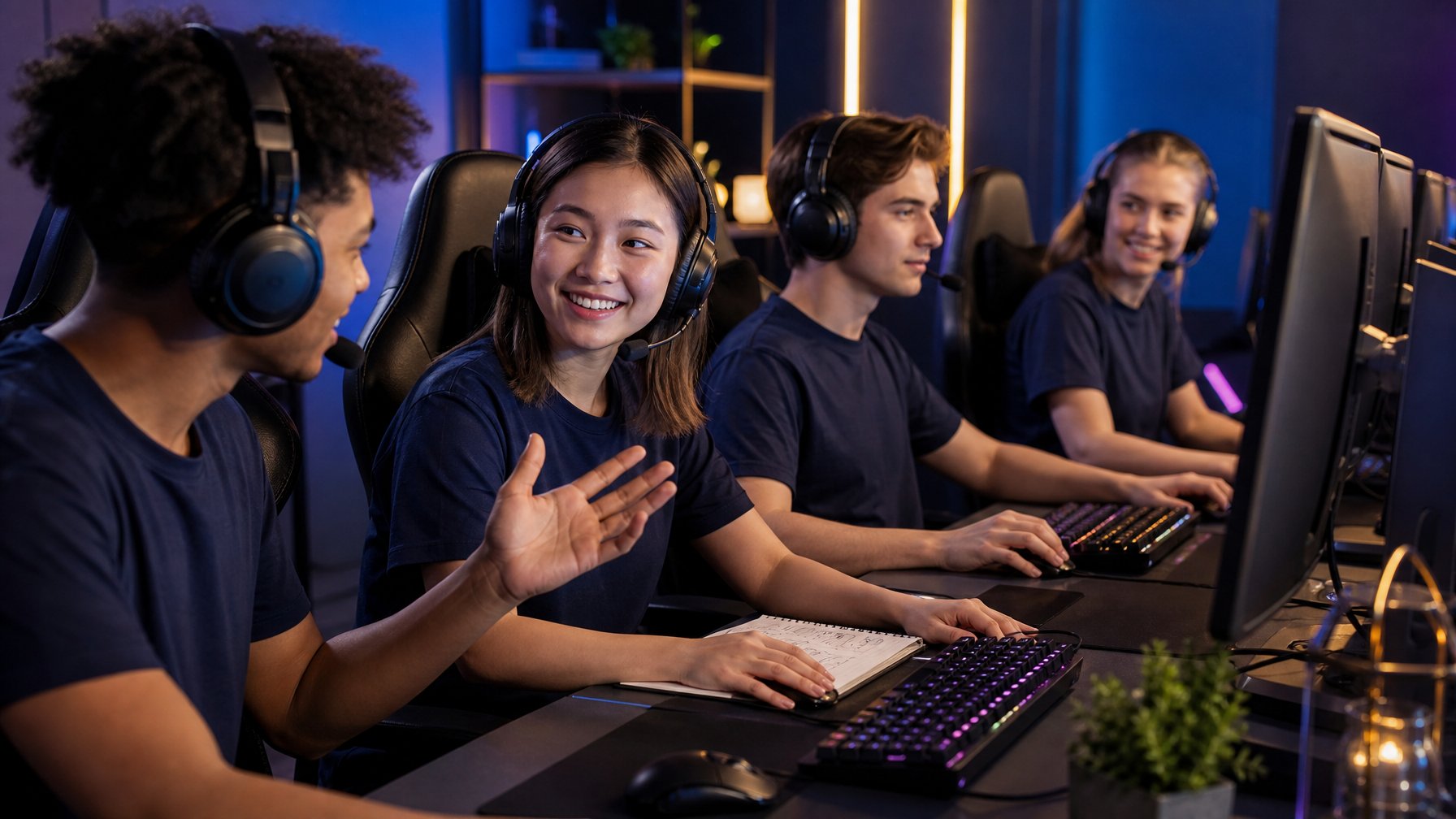 Empat pemain esports berkomunikasi dengan tenang dan saling mendukung di ruang gaming.