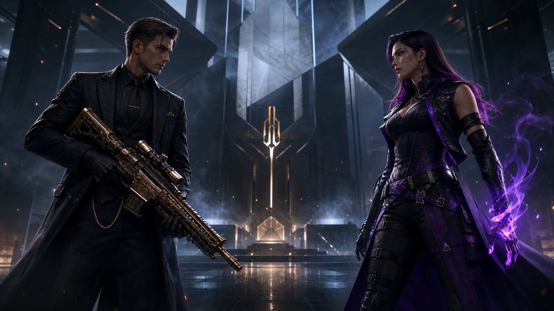 Dua agen taktis futuristis saling berhadapan dalam duel satu lawan satu di arena modern.