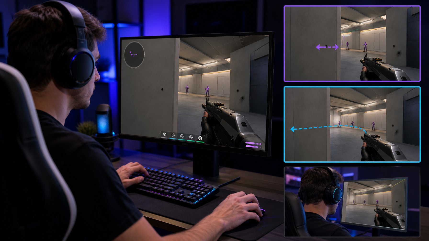 Pemain gim berlatih teknik mengintip dari balik sudut melalui komputer dalam suasana latihan esports.