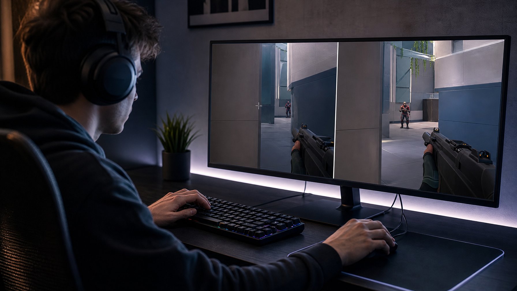 Gamer berlatih teknik mengintip sudut dan penempatan crosshair dalam permainan tembak-menembak taktis.